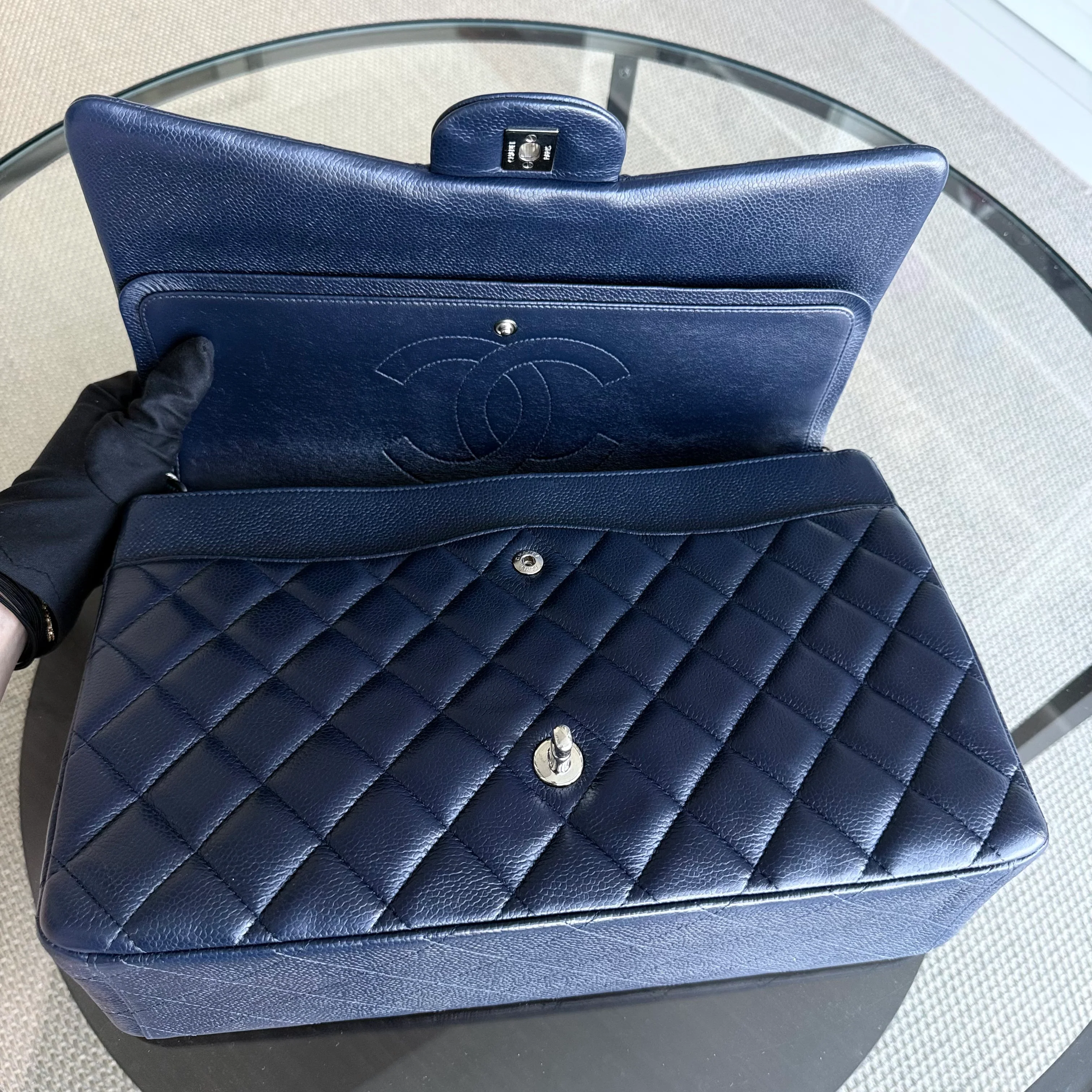 Chanel Classic Flap Maxi - Caviar 33CM Double Flap Quilted Dark Navy Blue Silver Hardware Series 15