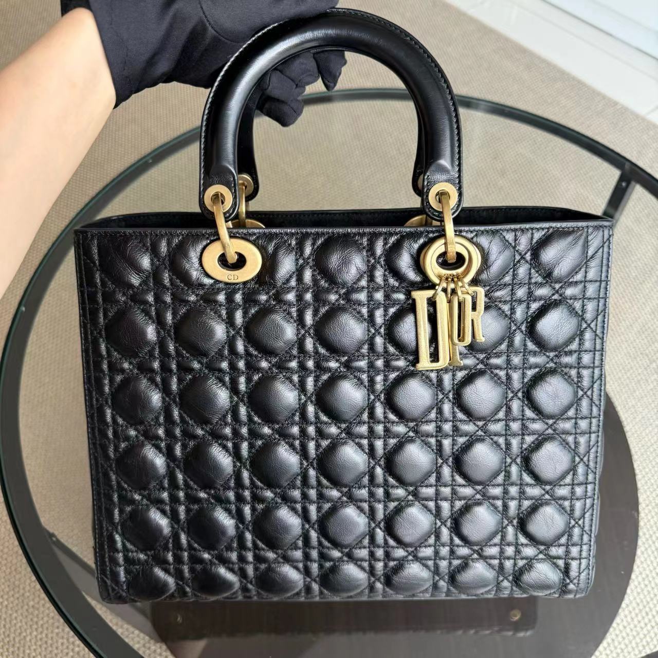*Flap, Calfskin* Dior Lady Large - Cannage Calfskin Black Golden Hardware