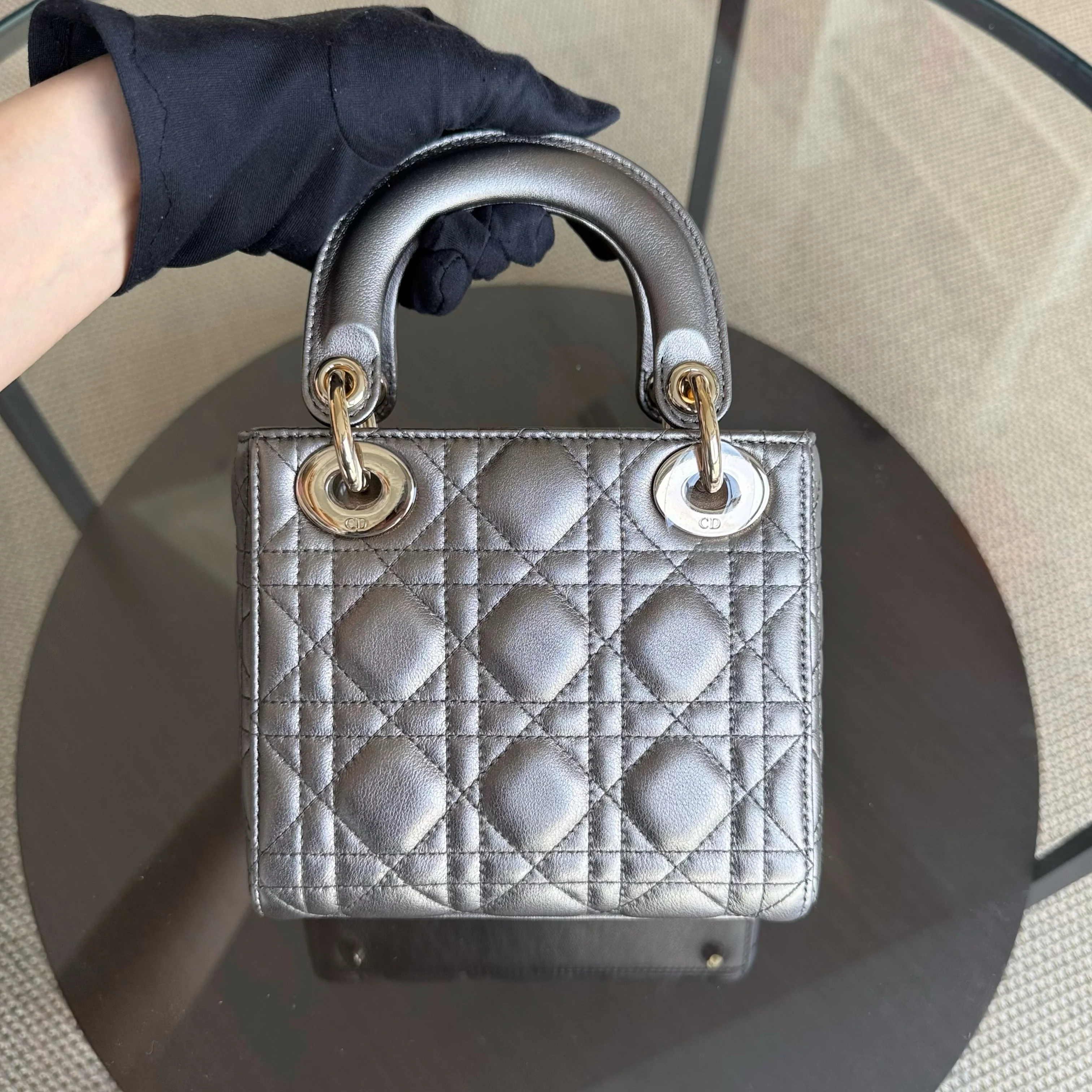 Dior Lady Mini - Cannage Calfskin Gunmetal Gold Hardware Chain Strap