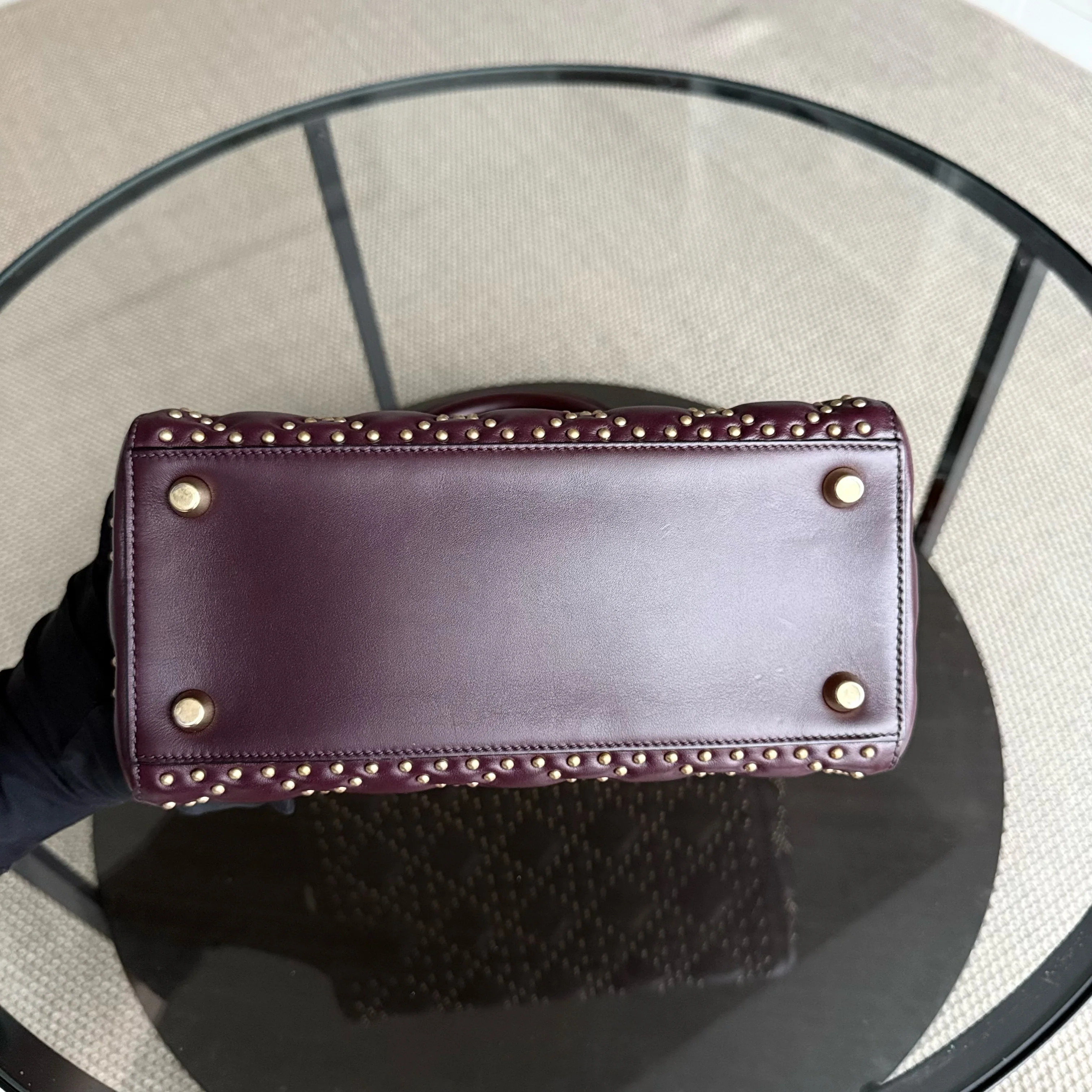 Dior Lady Medium Flap - Studded Cannage Calfskin Burgundy Red Gold Hardware