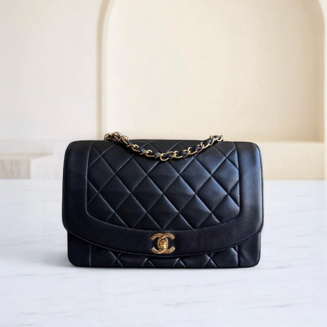 Chanel Diana Vintage - 25CM Quilted Lambskin Black Gold Hardware Series 3