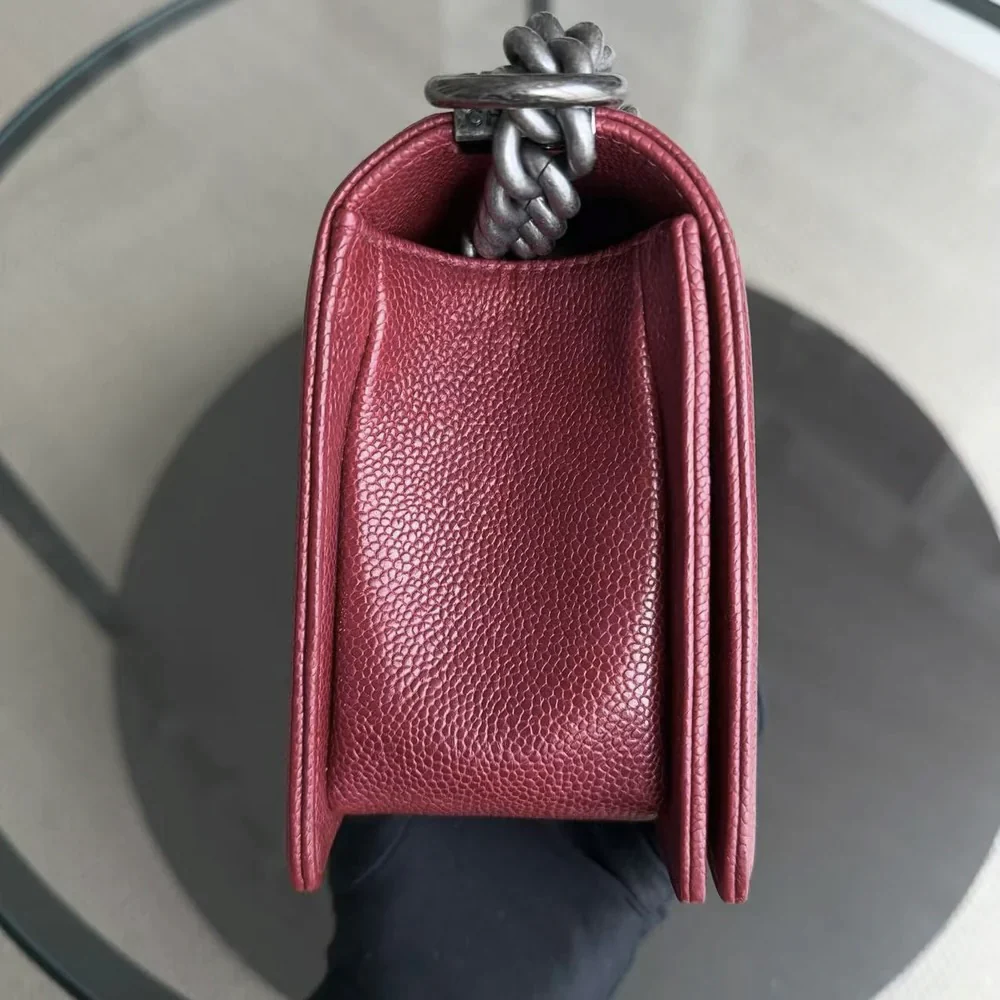 Chanel Boy Medium - Caviar 25CM Quilted Burgundy Dark Red Ruthenium Silver Hardware Series 19