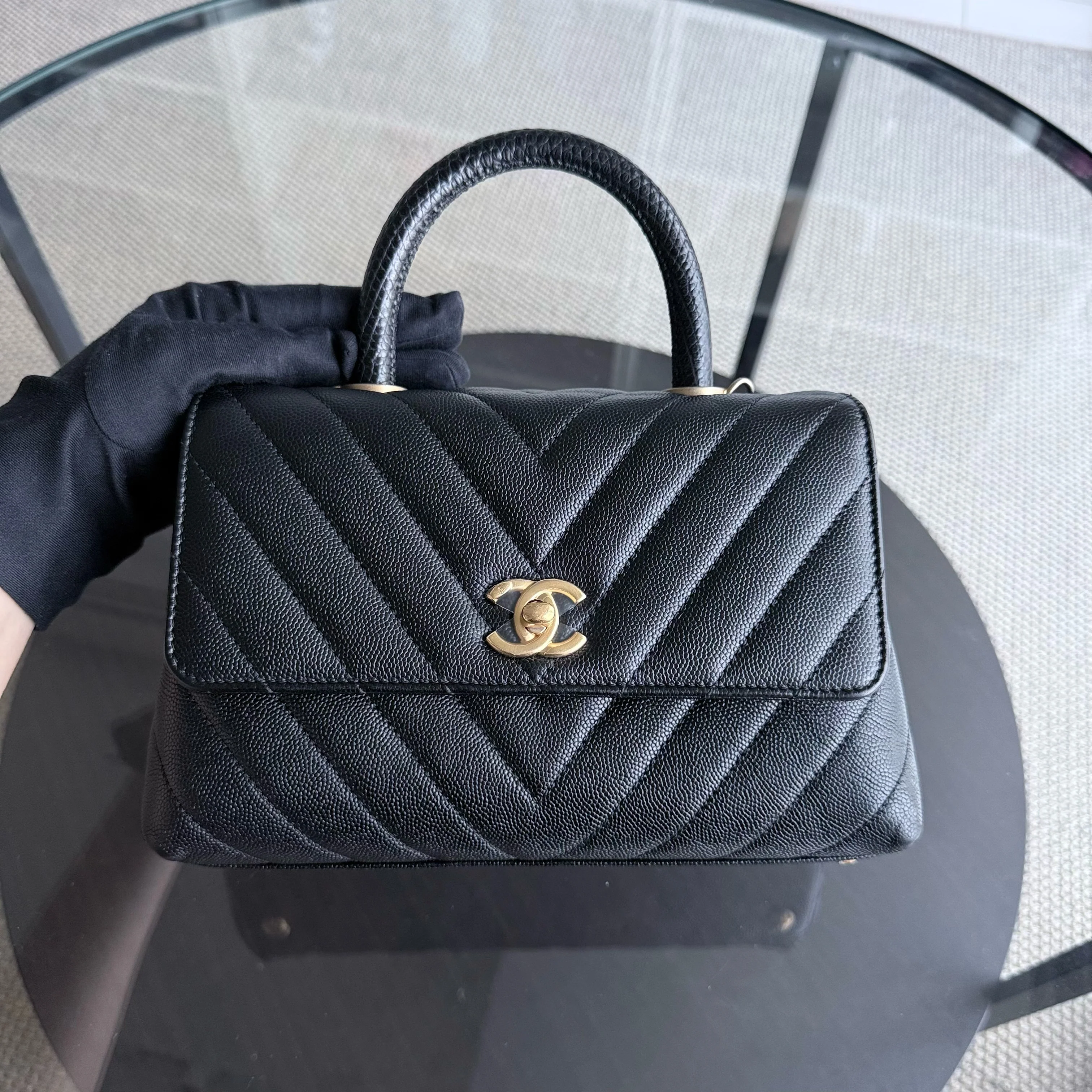 Chanel Coco Handle Small - Caviar Chevron Grained Calfskin Black Gold Hardware Series 26
