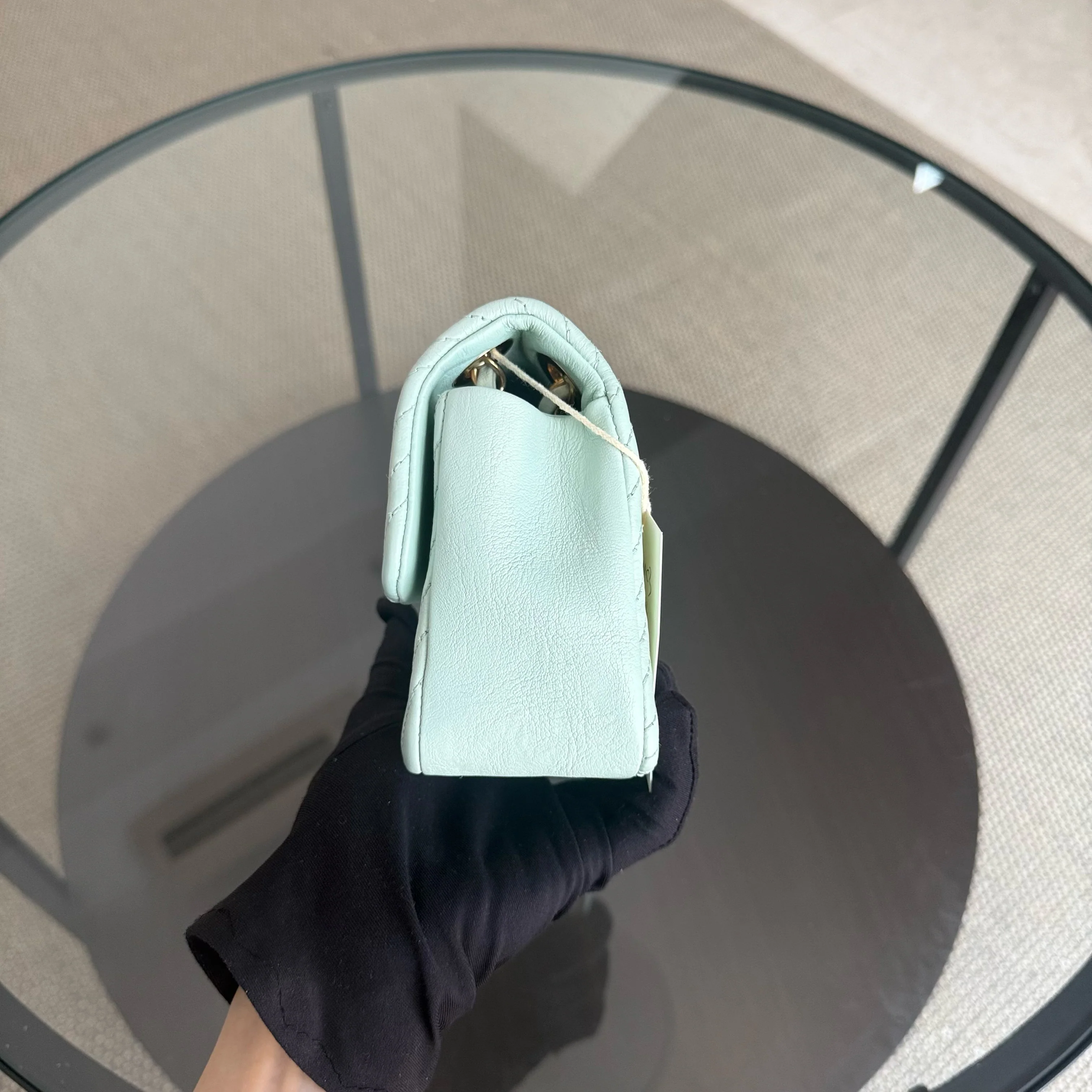 Chanel Seasonal Flap Small - 23CM Surpique CC Herringbone Medallion Flap Chevron Mint Green Gold Hardware Series 20