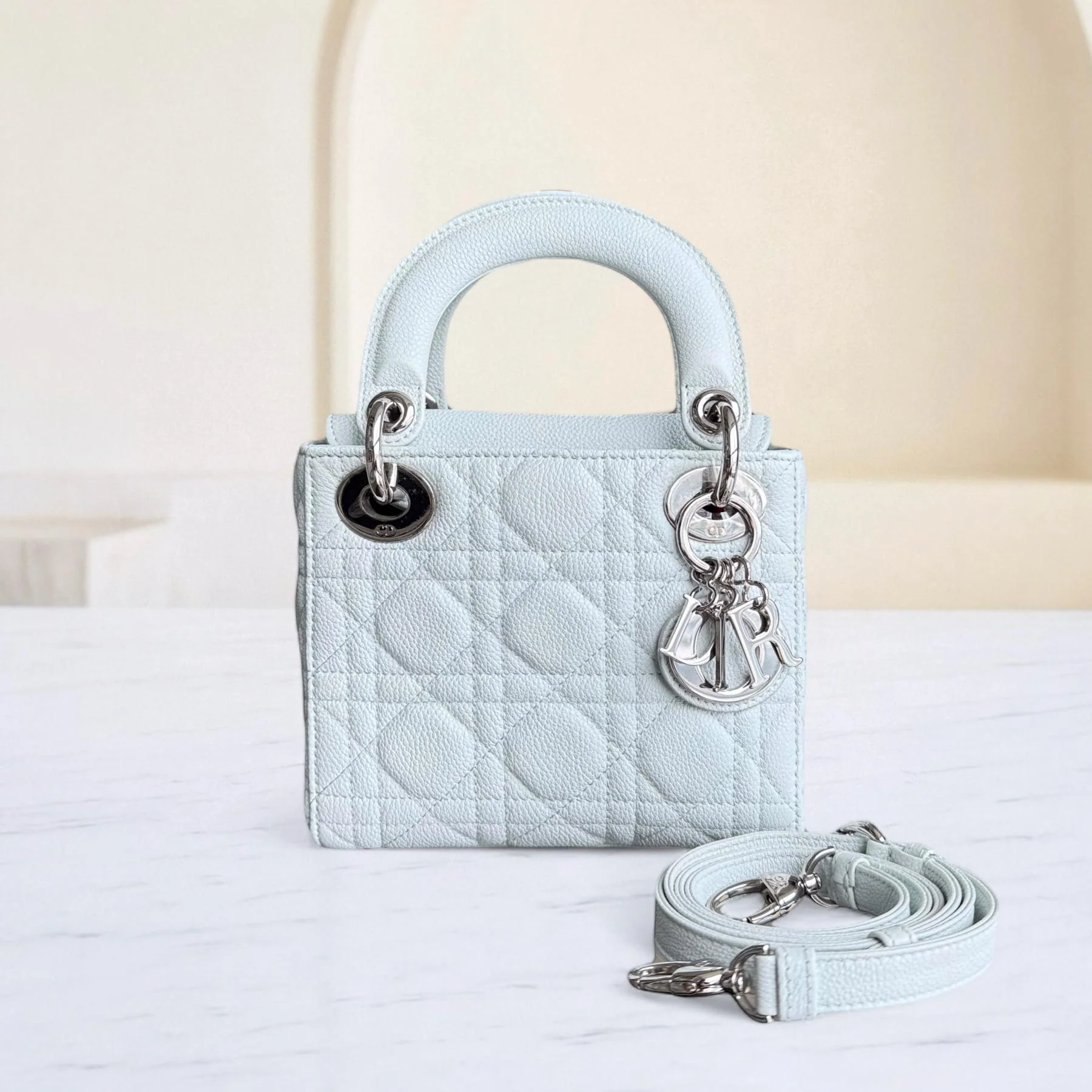Dior Lady Mini - Grained Calfskin Cannage Glacier White Silver Hardware