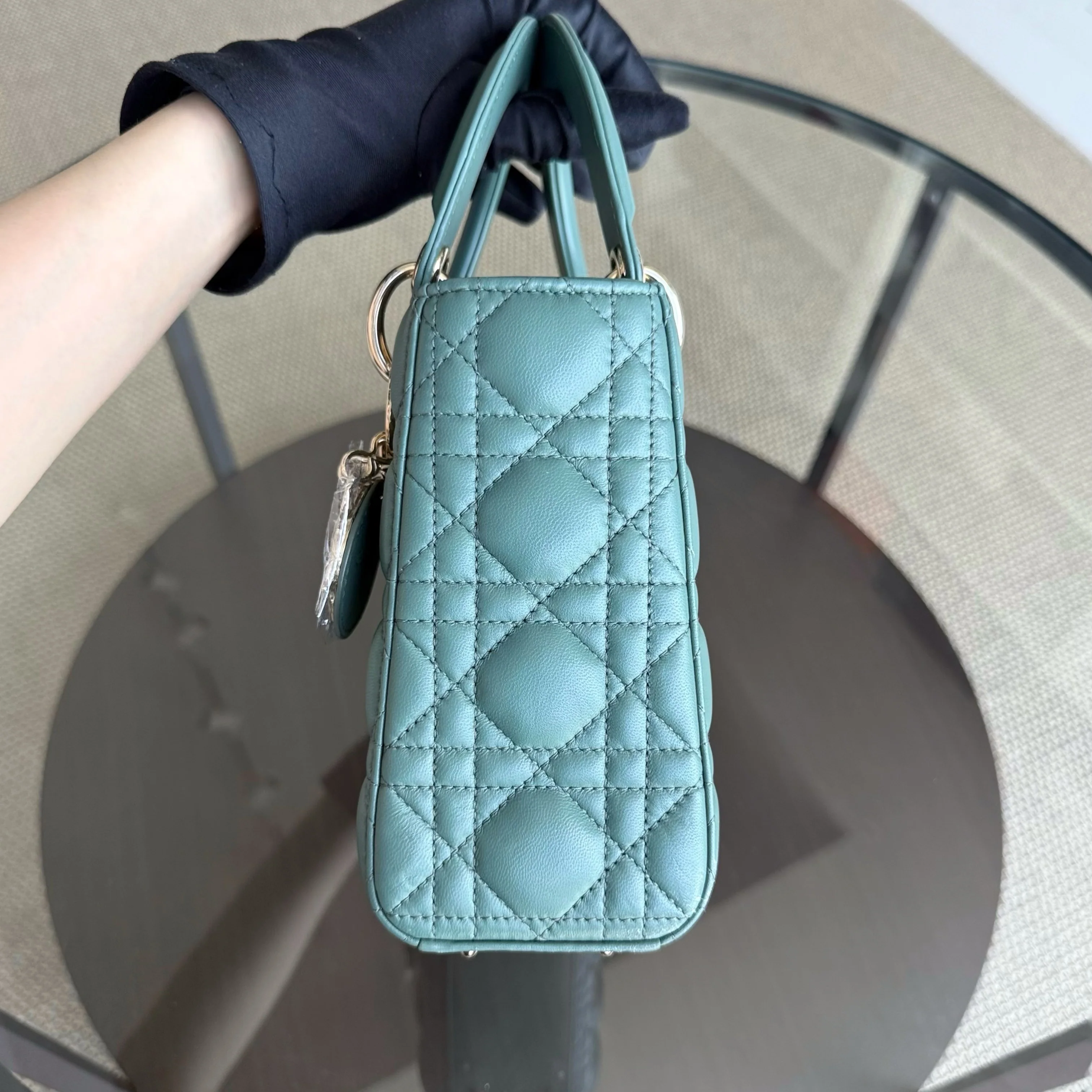 Dior Lady Small Flap - Cannage Lambskin Green Gold Hardware with Charms