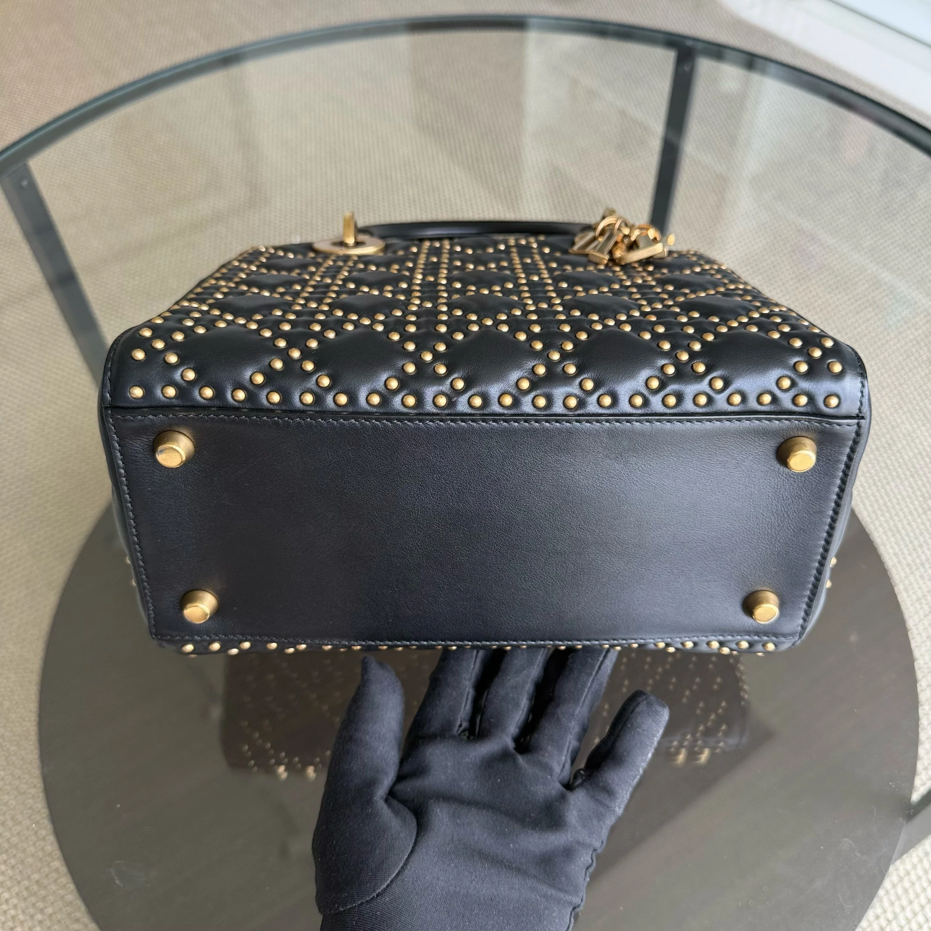 Dior Lady Medium Flap - Studded Cannage Calfskin Black Gold Hardware