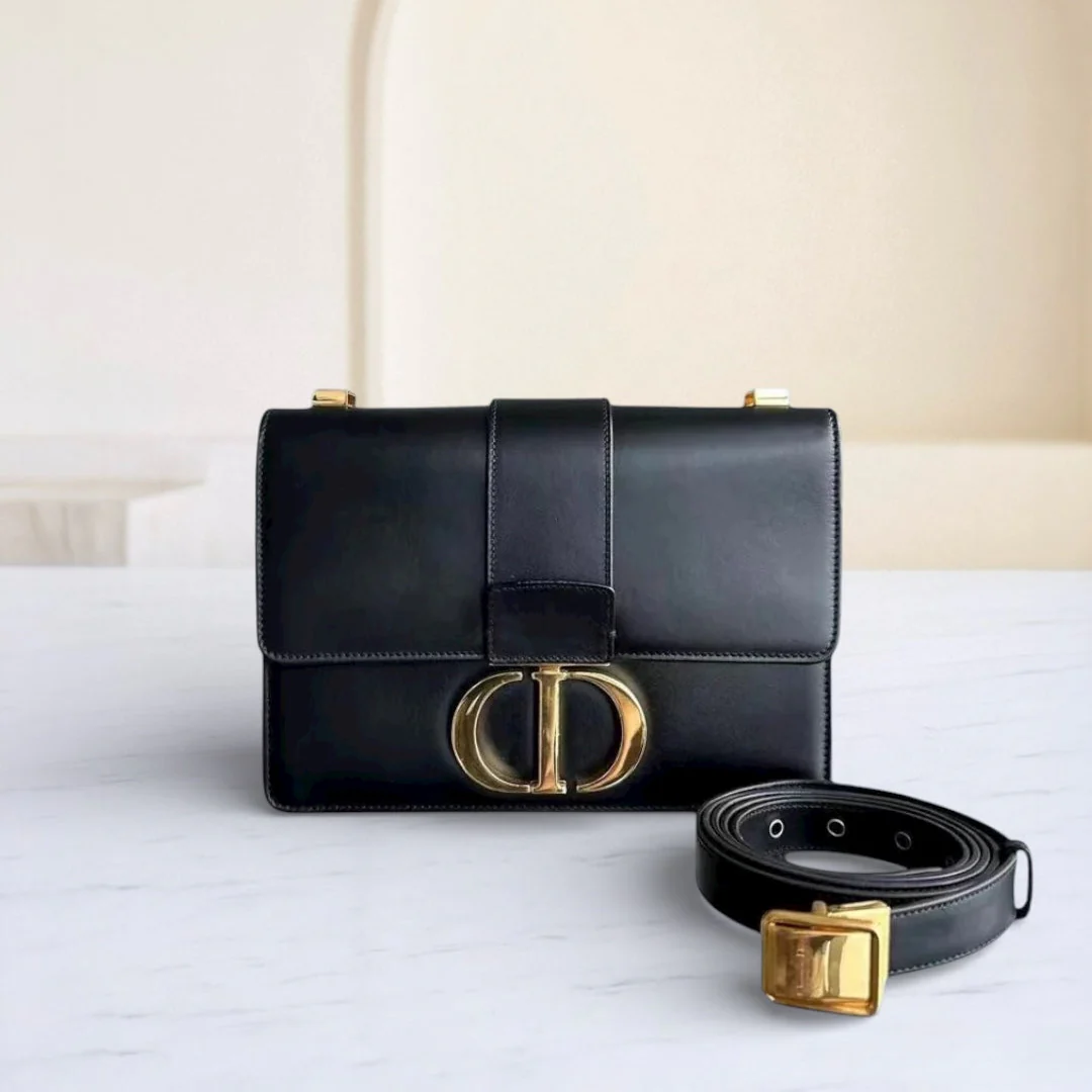 Dior 30 Montaigne - Smooth Calfskin Black Golden Hardware with Strap