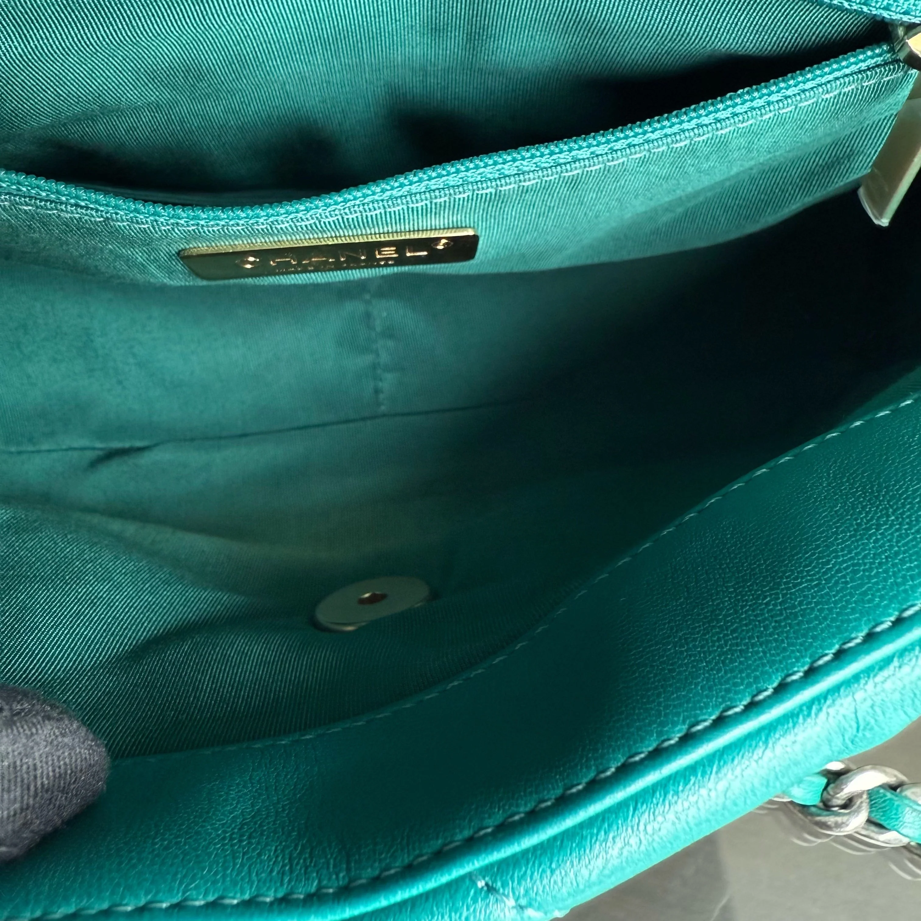 Chanel 19 Bag Small - Quilted Goatskin Green Blue Two-tone Hardware Series 30