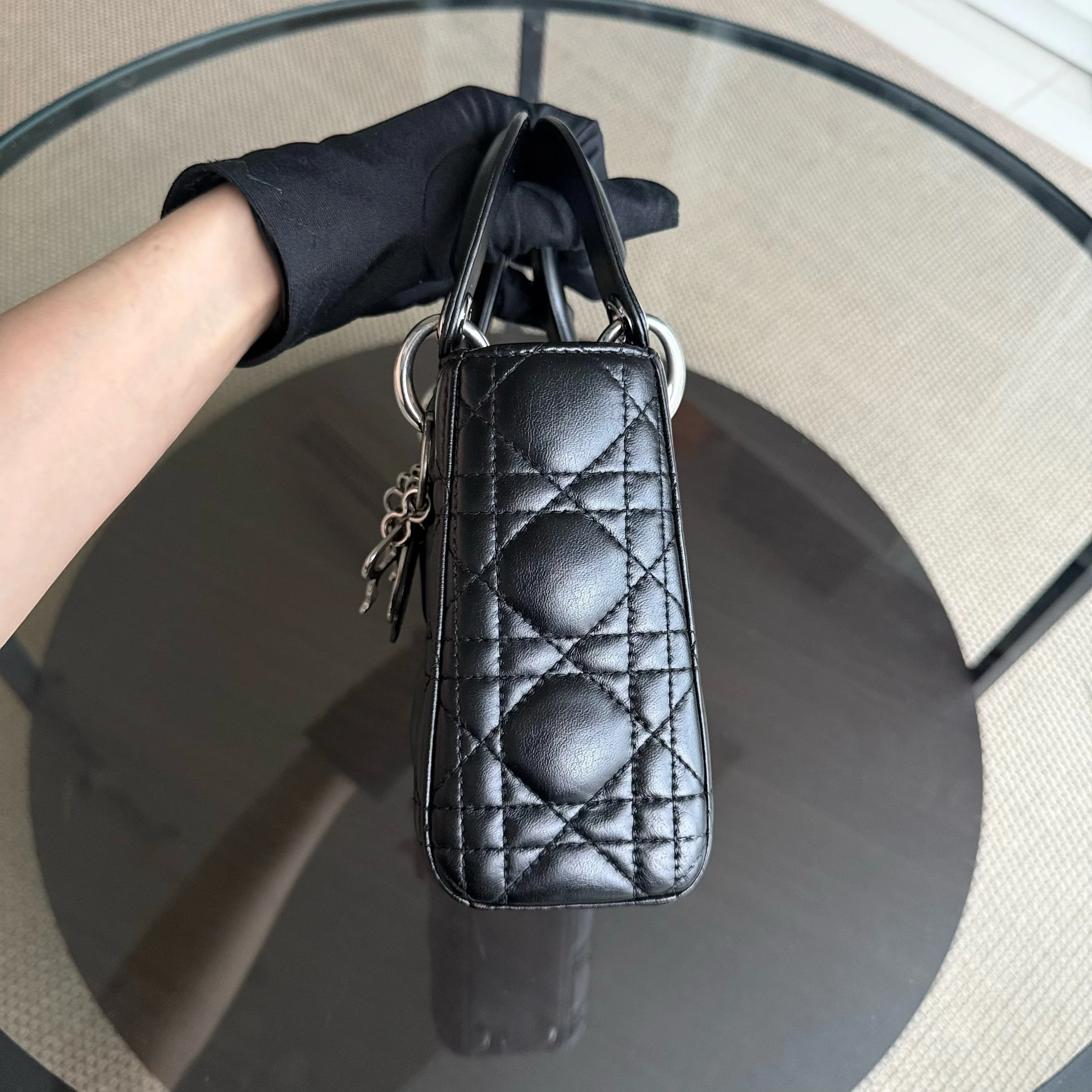 Dior Lady Mini - Cannage Lambskin Black Silver Hardware Adjustable Strap