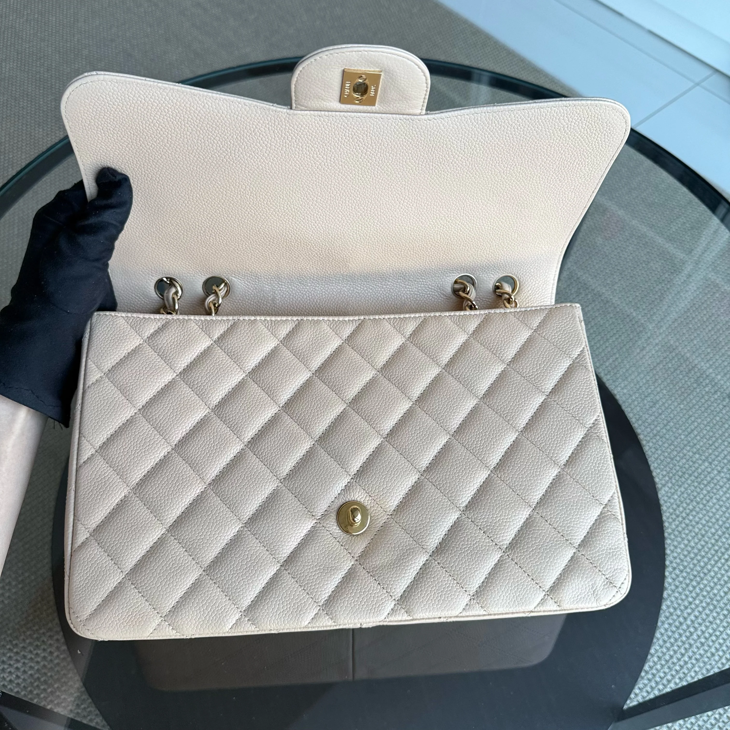 Chanel Classic Flap Jumbo - Caviar Quilted Grained Calfskin Light Beige Gold Hardware Series 13