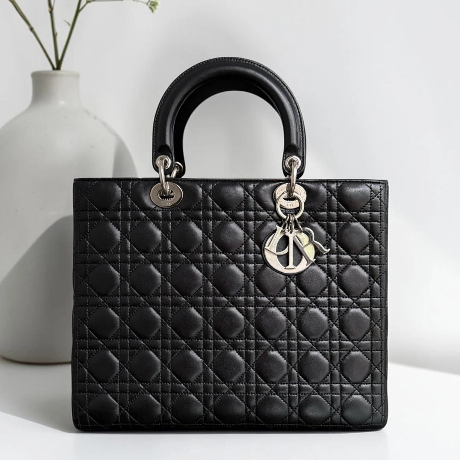 DIor Lady Large - Cannage Lambskin Black Silver Hardware NO STRAP