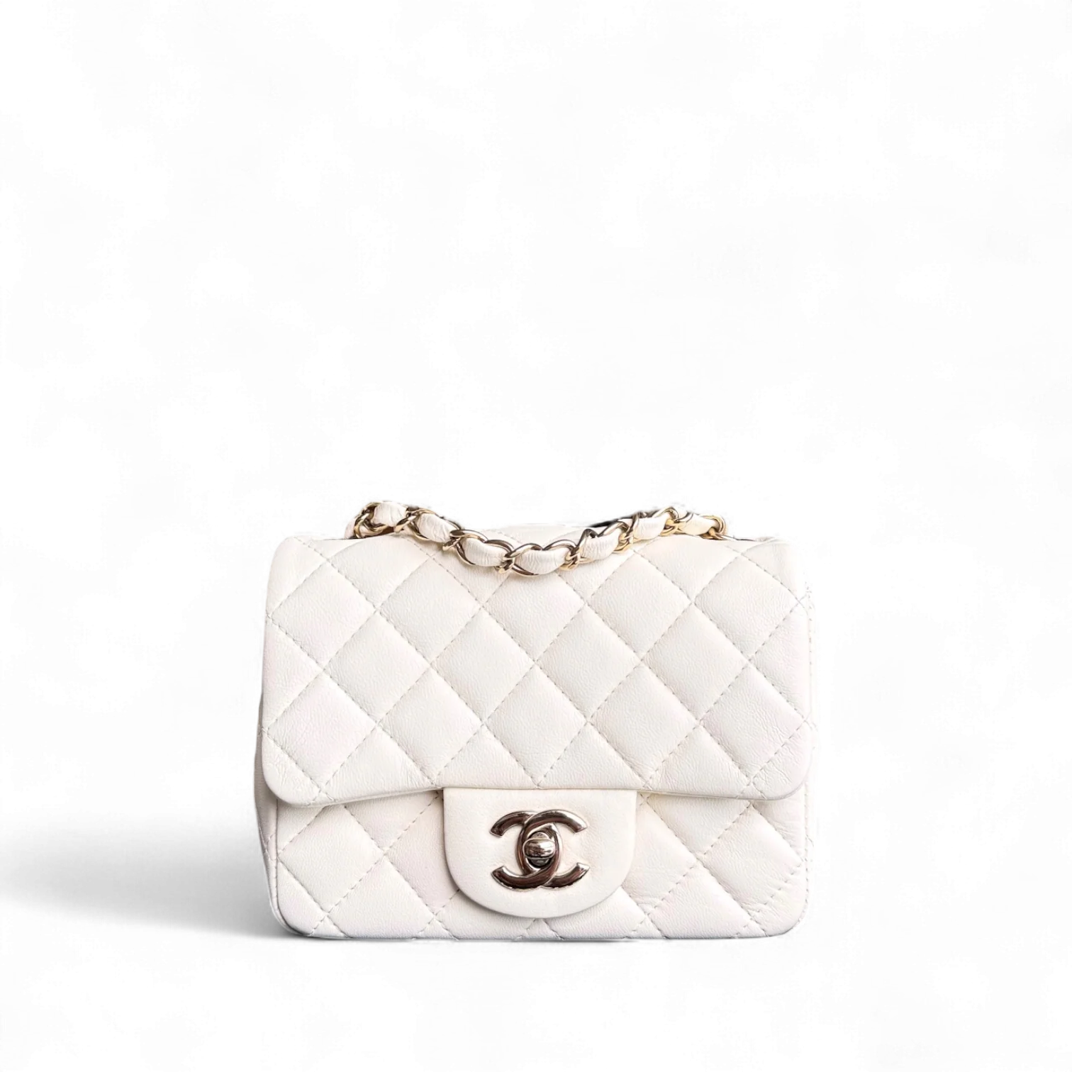 Chanel Classic Flap Mini Square - 17CM Quilted Lambskin White Gold Hardware Microchip