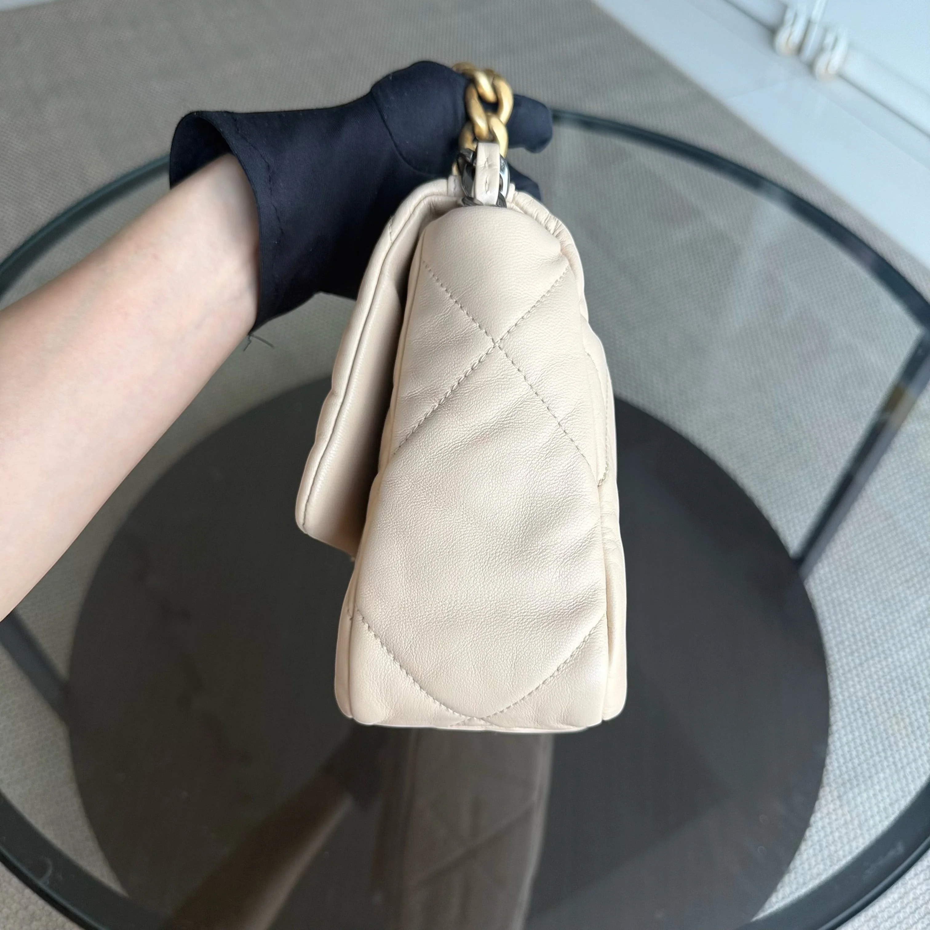 Chanel 19 Bag  Small- C19 Quilted Goatskin Light Beige Cream Two-tone Hardware Series 30