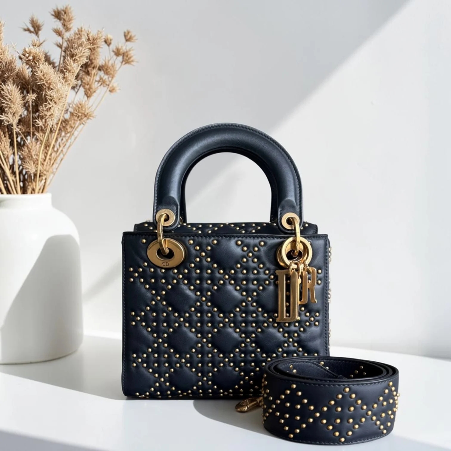 Dior Lady Small Flap - Cannage Calfskin Studded Black Gold Hardware