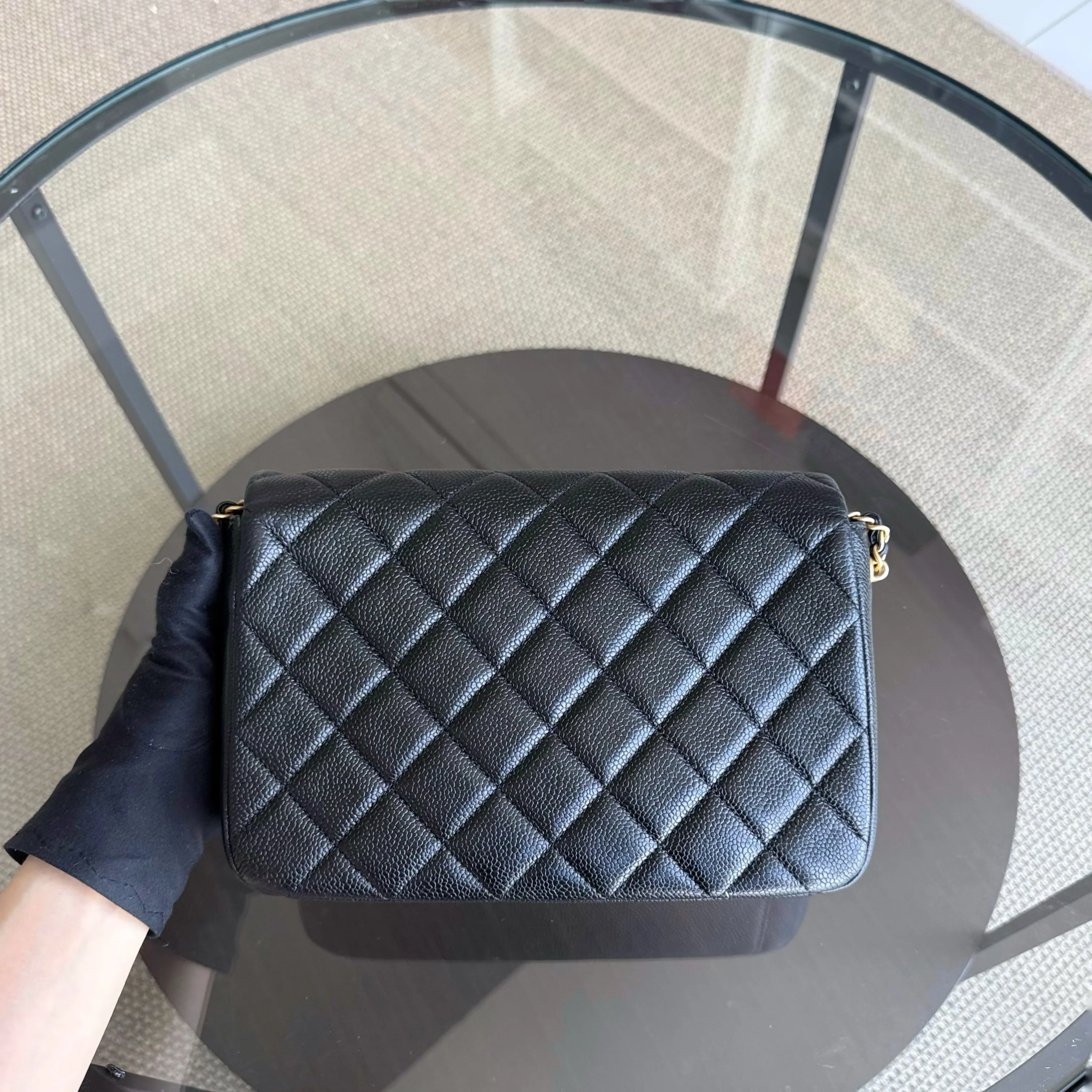 Chanel Seasonal Flap Bag - Caviar Quilted Medallion Soul Black Caviar Gold Hardware Microchip