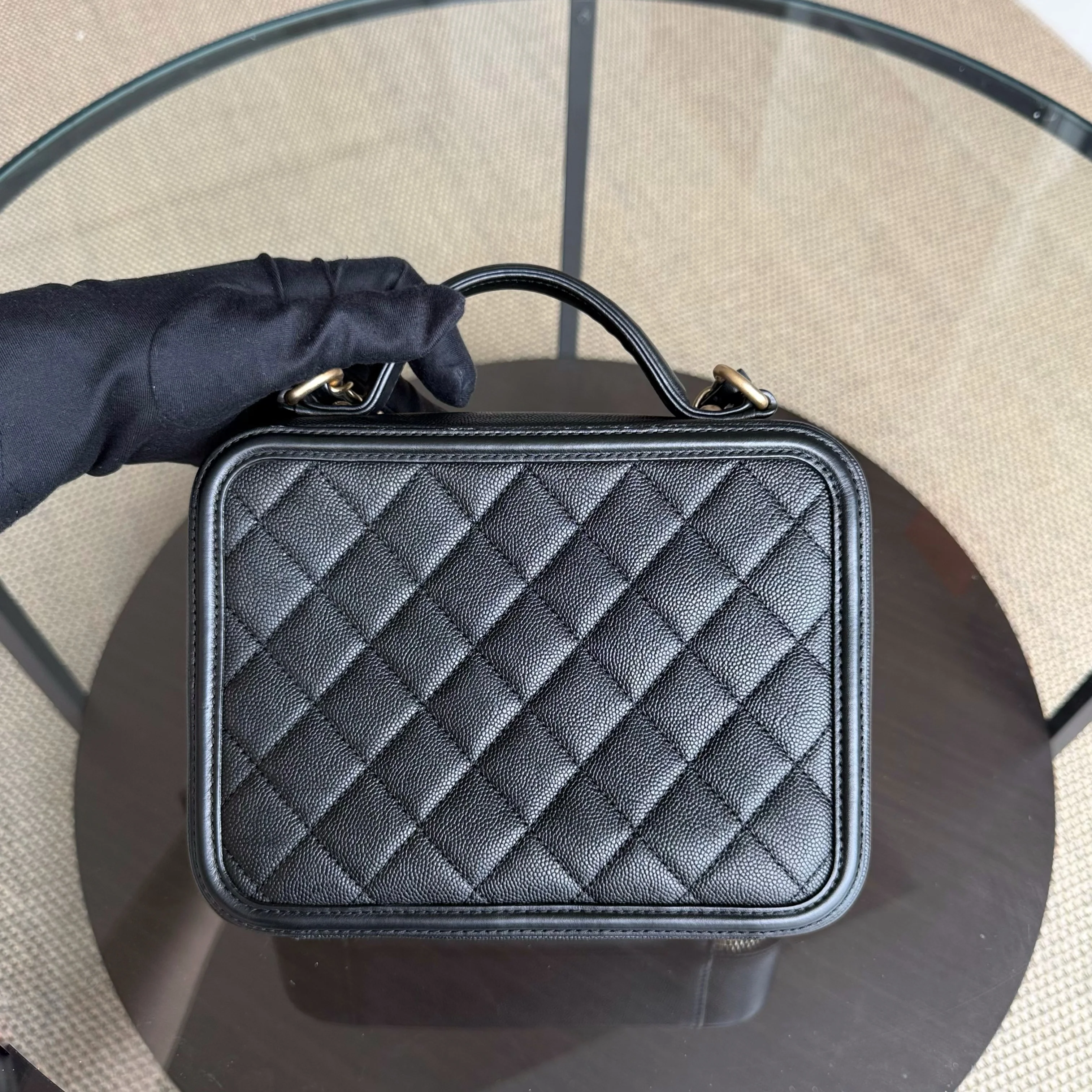 Chanel Filigree Vanity Case Medium - Caviar Quilted Grained Calfskin Black Gold Hardware Series 25