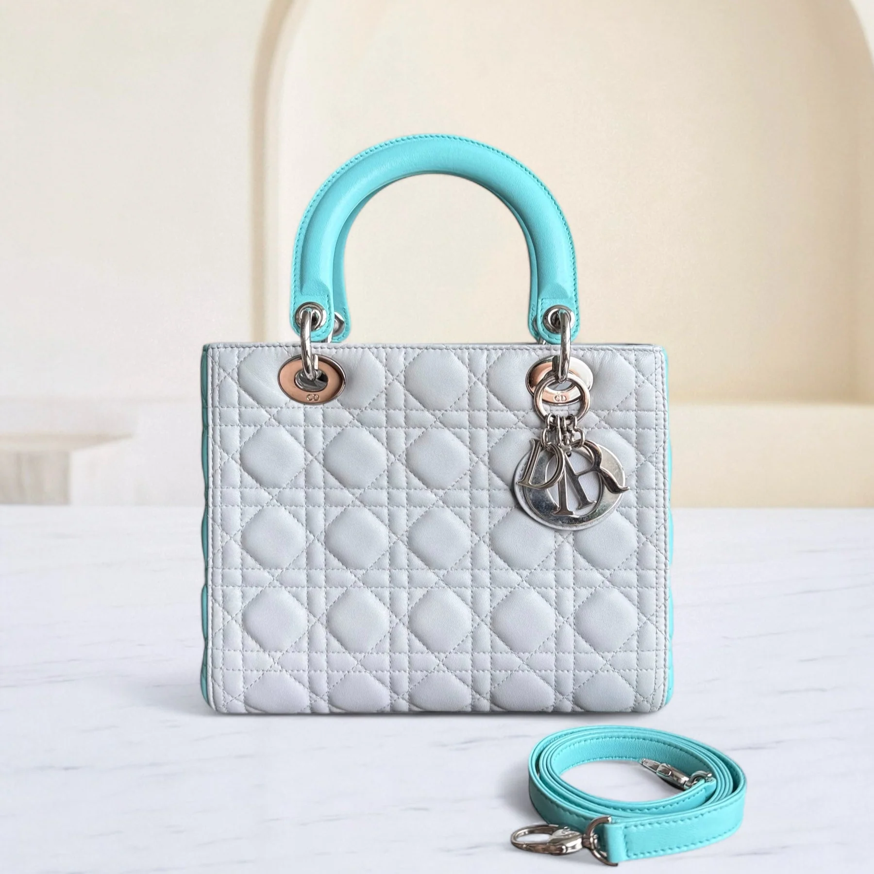 Dior Lady Medium - Cannage Lambskin Bi-Color Cyan Grey Gray Silver Hardware