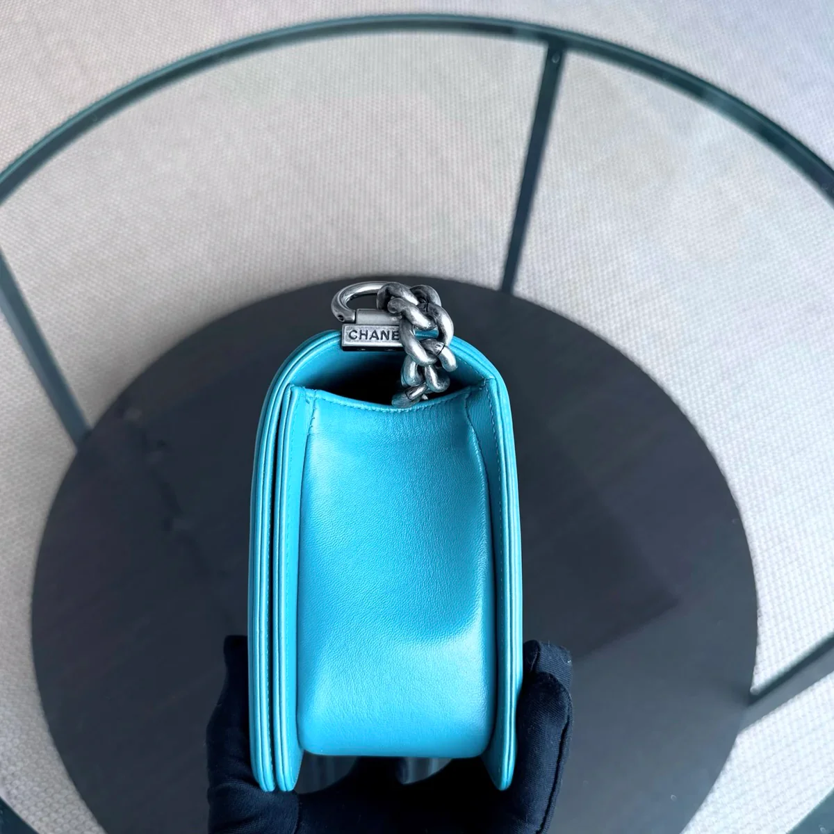 Chanel Boy Medium - 25CM Quilted Lambskin Blue Silver Hardware Series 19