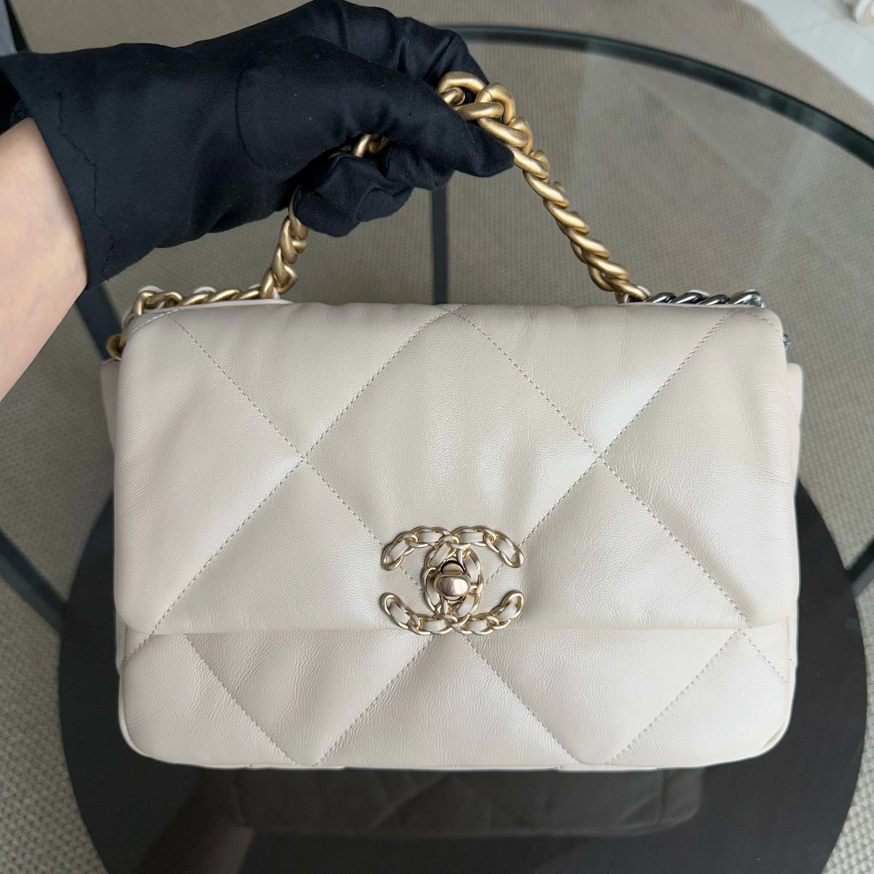 Chanel 19 Bag  Small- C19 Quilted Goatskin Light Beige Cream Two-tone Hardware Series 30
