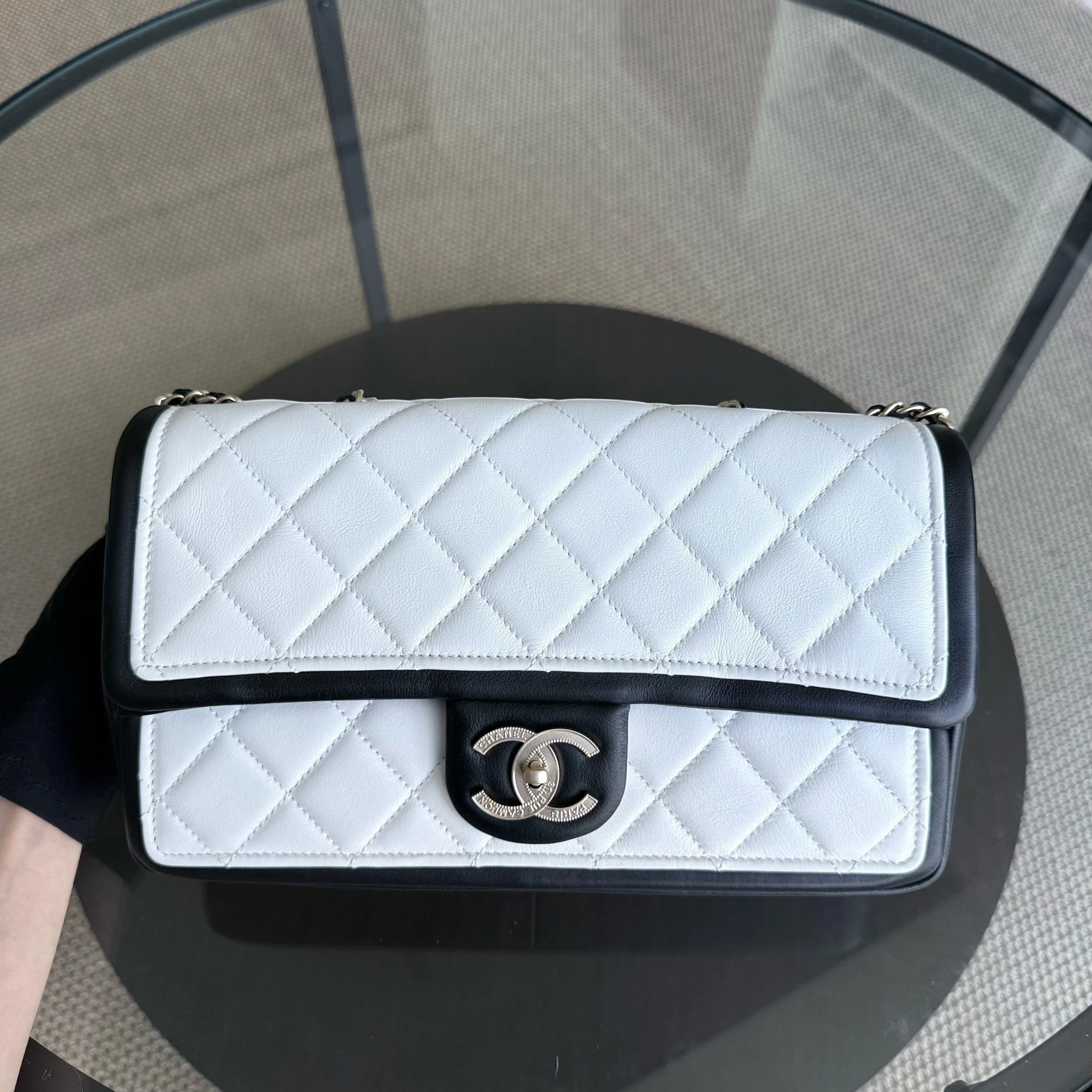 Chanel Seasonal Flap - 25CM Quilted Lambskin Bi-Color White Black Gold Hardware