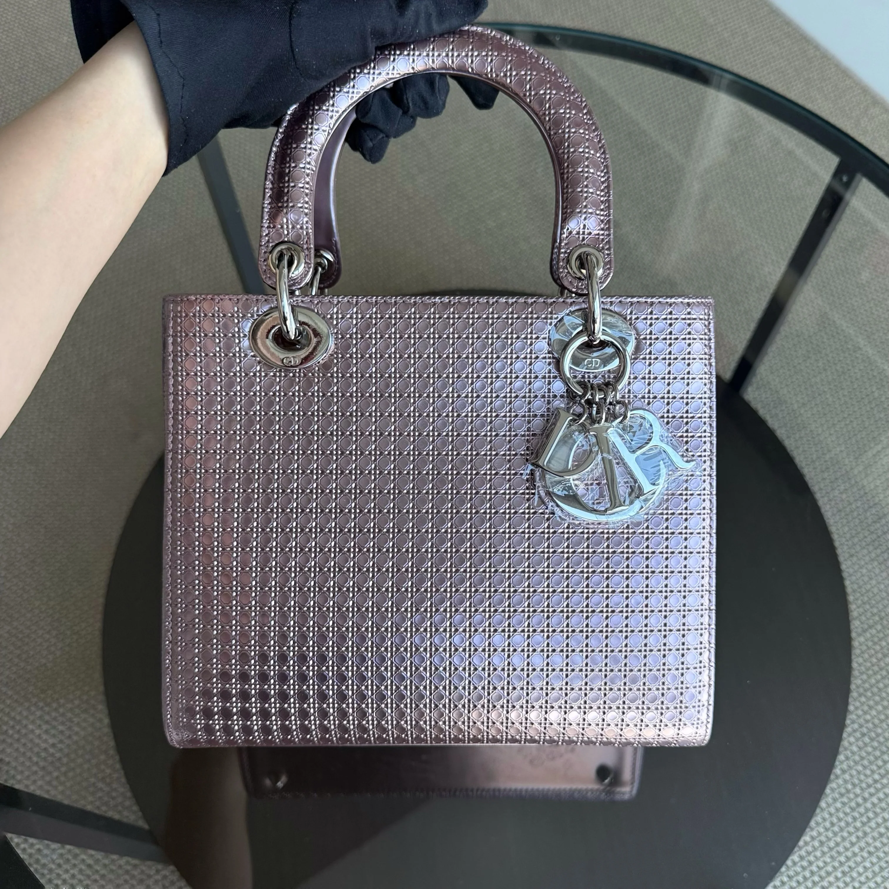 Dior Lady Medium - Micro-Cannage Metallic Pink Silver Hardware