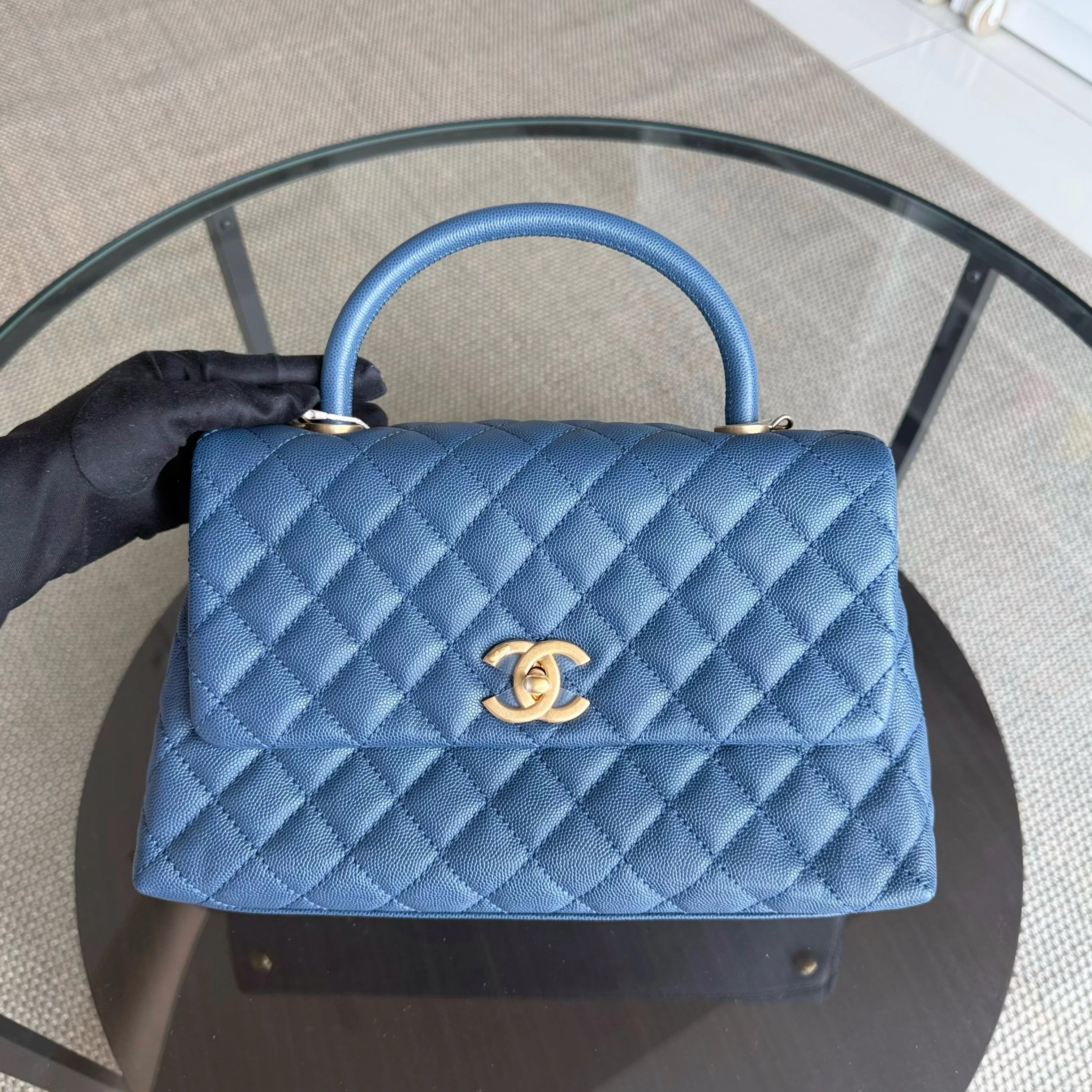 Chanel Coco Handle Medium - Caviar 29CM Quilted Blue Gold Hardware Series 24