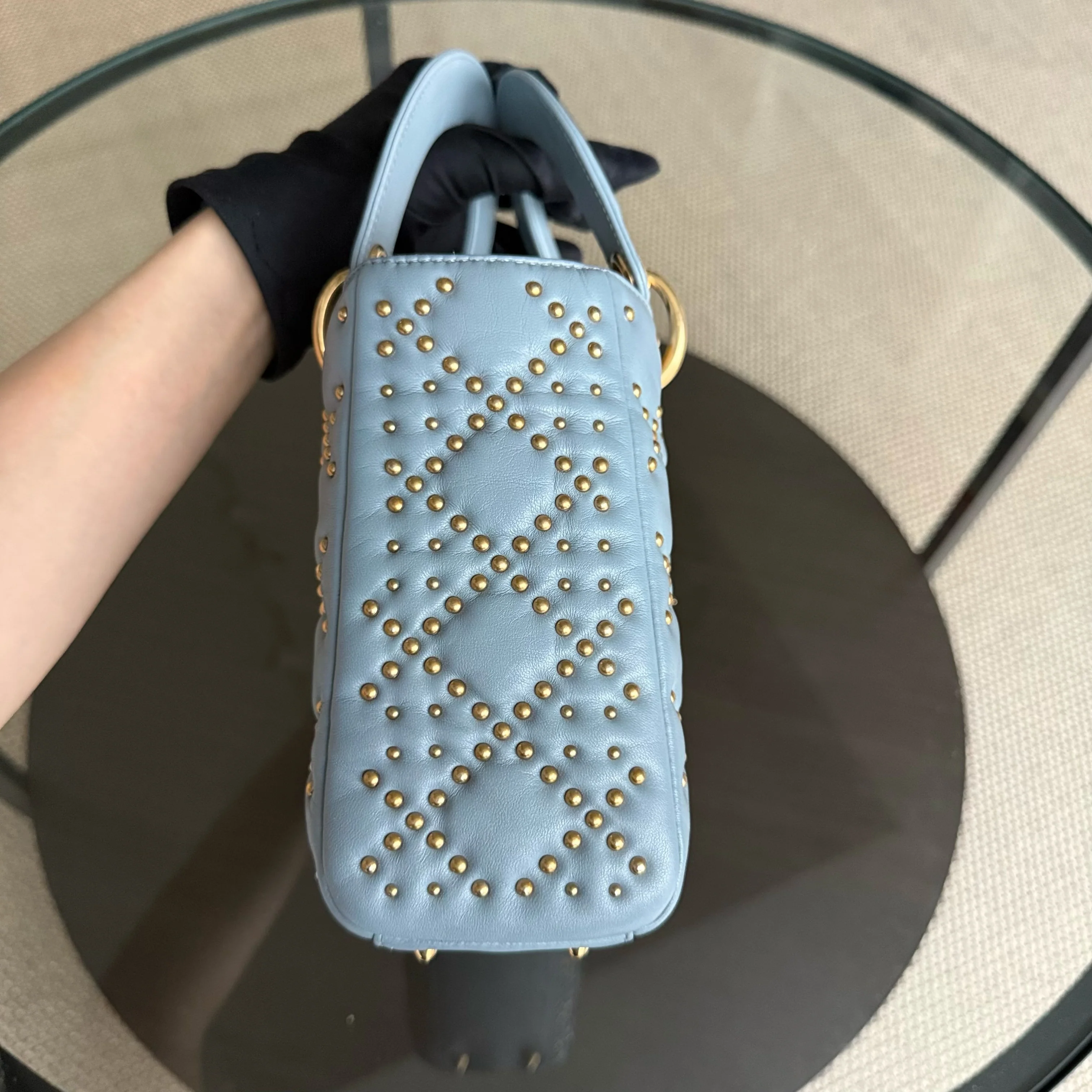 Dior Lady Small Flap - Cannage Calfskin Studded Blue Gold Hardware