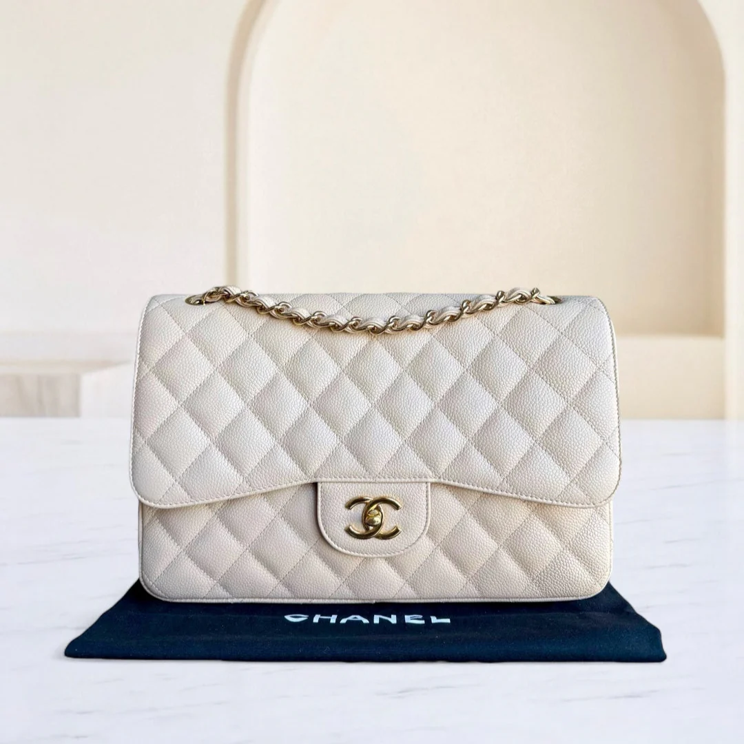 Chanel Classic Flap Jumbo - Caviar Quilted Double Flap Light Beige Gold Hardware