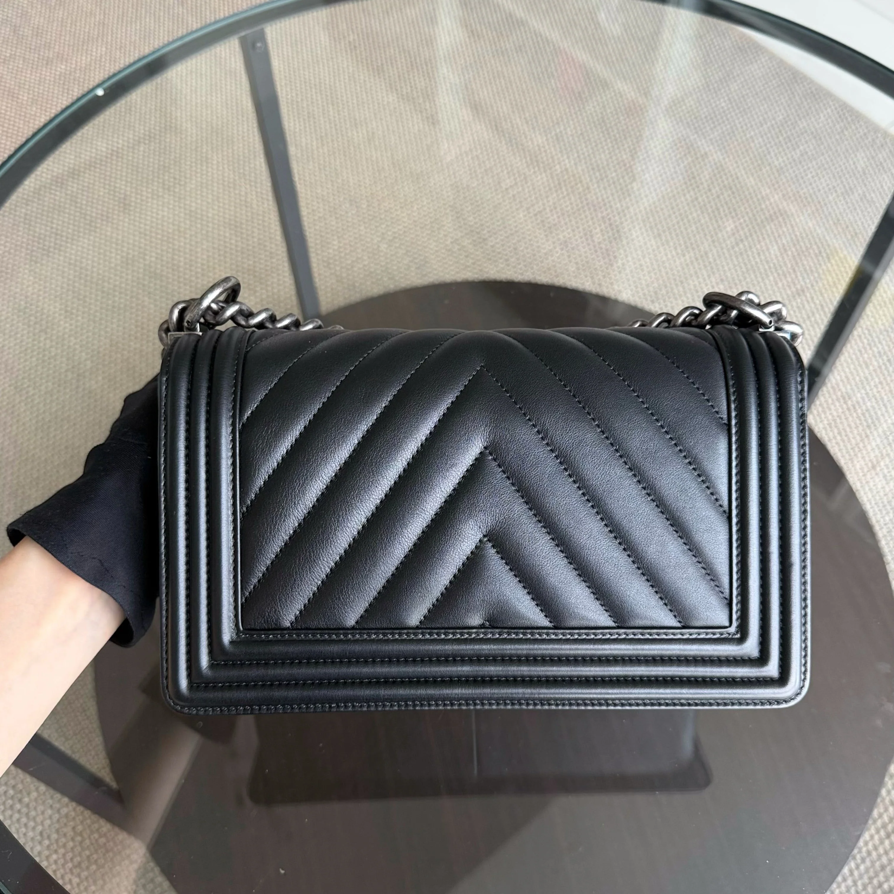 Chanel Boy Medium - 25CM Chevron Calfskin Black Ruthenium Silver Hardware