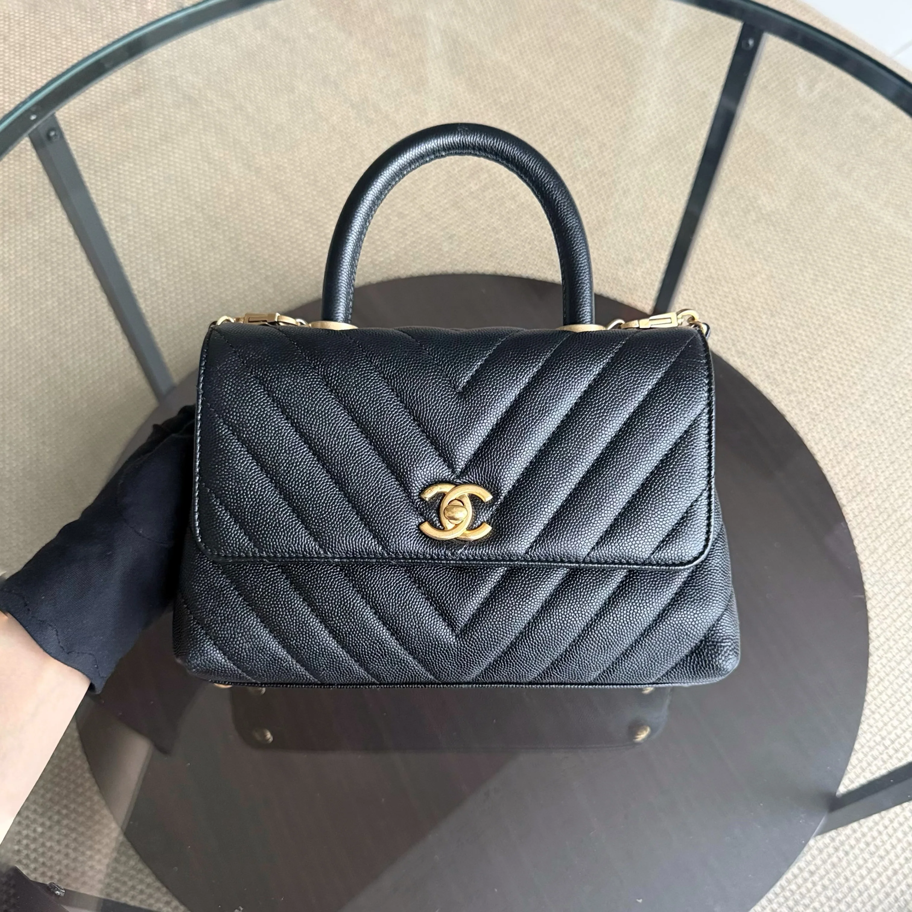 Chanel Coco Handle Small - Caviar Chevron Grained Calfskin Black Gold Hardware Series 26
