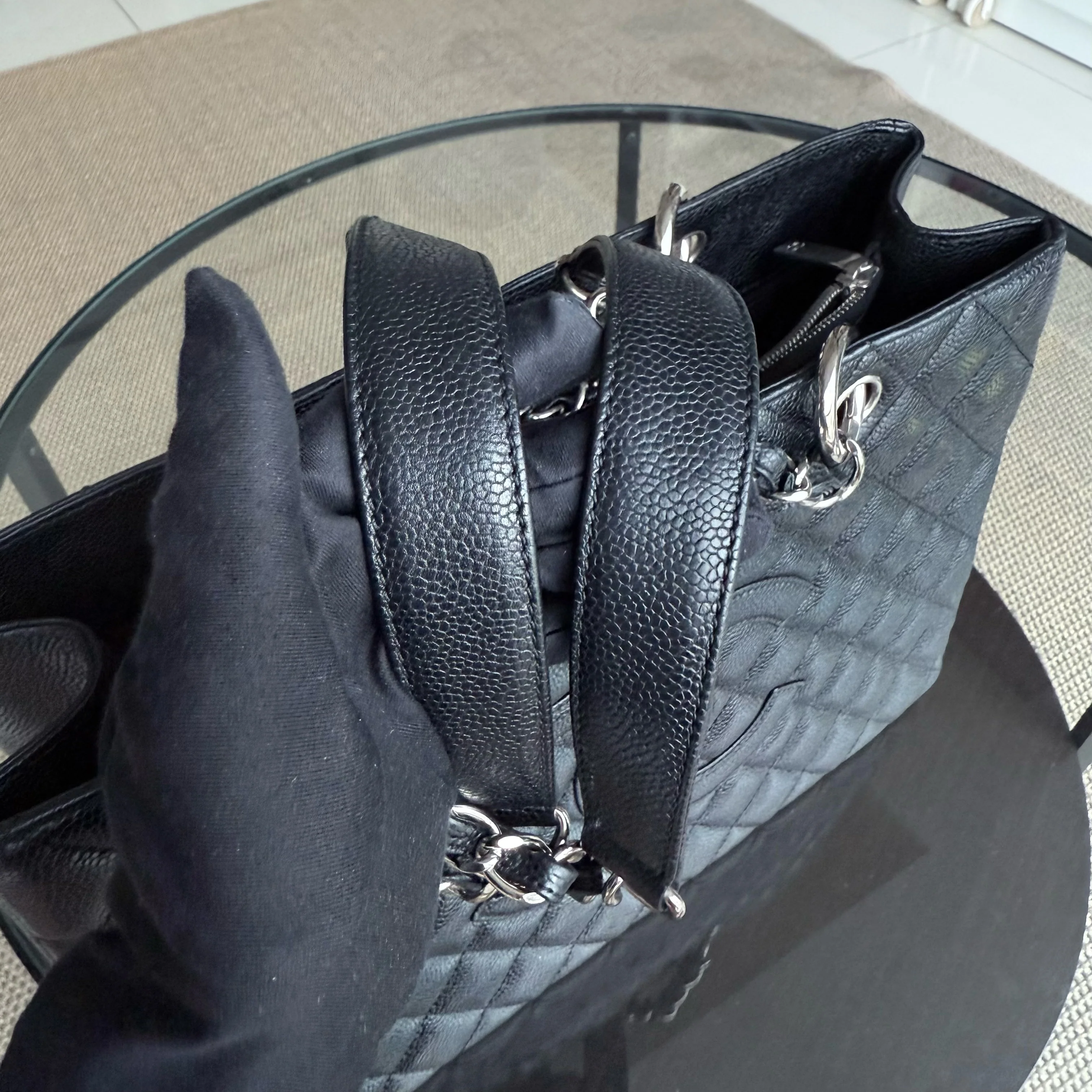 Chanel GST Grand Shopping Tote - Caviar Quilted Grained Calfskin Black Silver Hardware