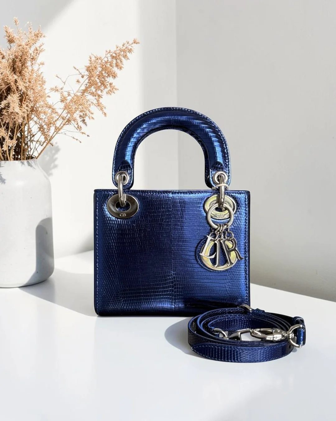 Dior Lady Mini - Exotic Lizard Blue Silver Hardware