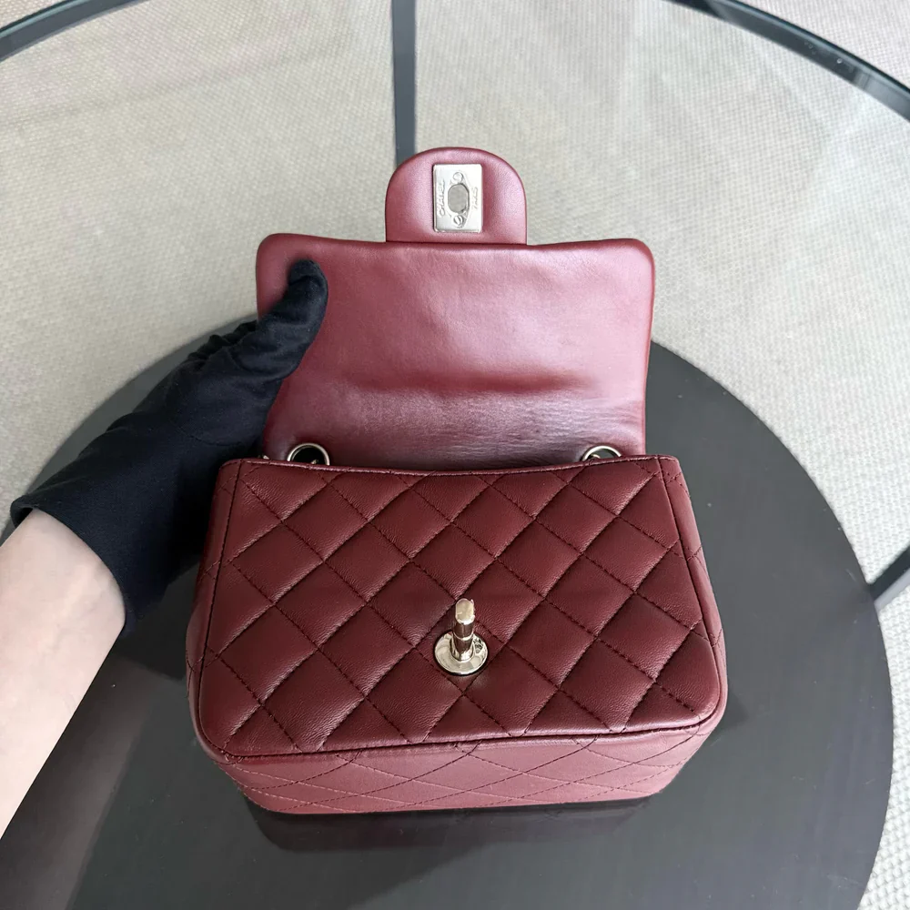 Chanel Classic Flap Mini Square - 17CM Quilted Lambskin Burgundy Gold Hardware Series 24