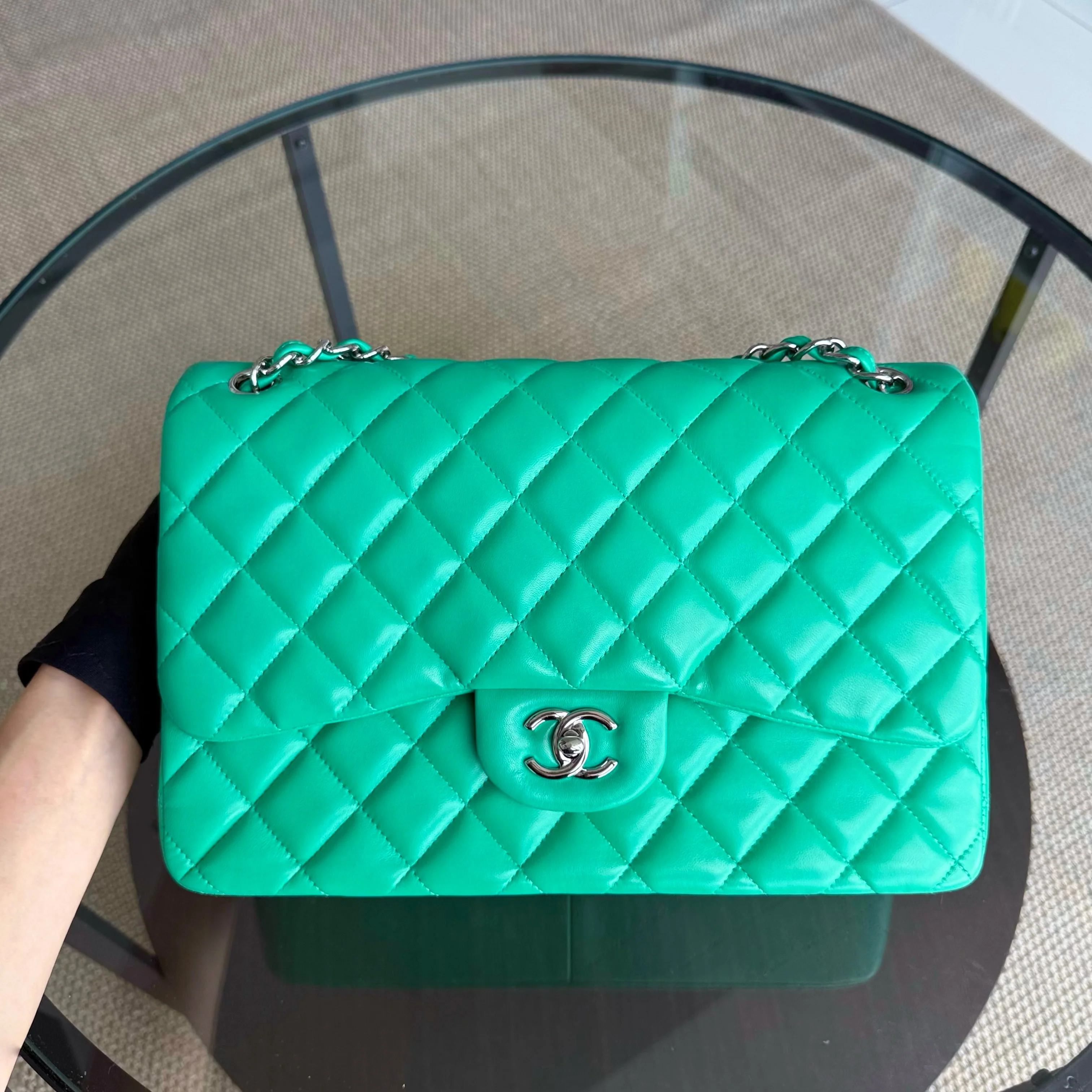 Chanel Classic Flap Jumbo - Double Flap 30CM Quilted Lambskin Green Silver Hardware Series 16