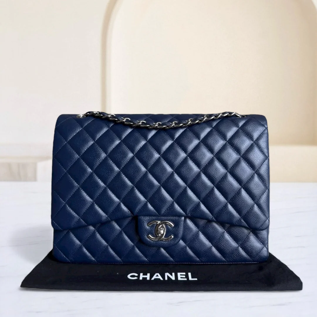 Chanel Classic Flap Maxi - Caviar Double Flap 34CM Quilted Dark Blue Silver Hardware Series 15
