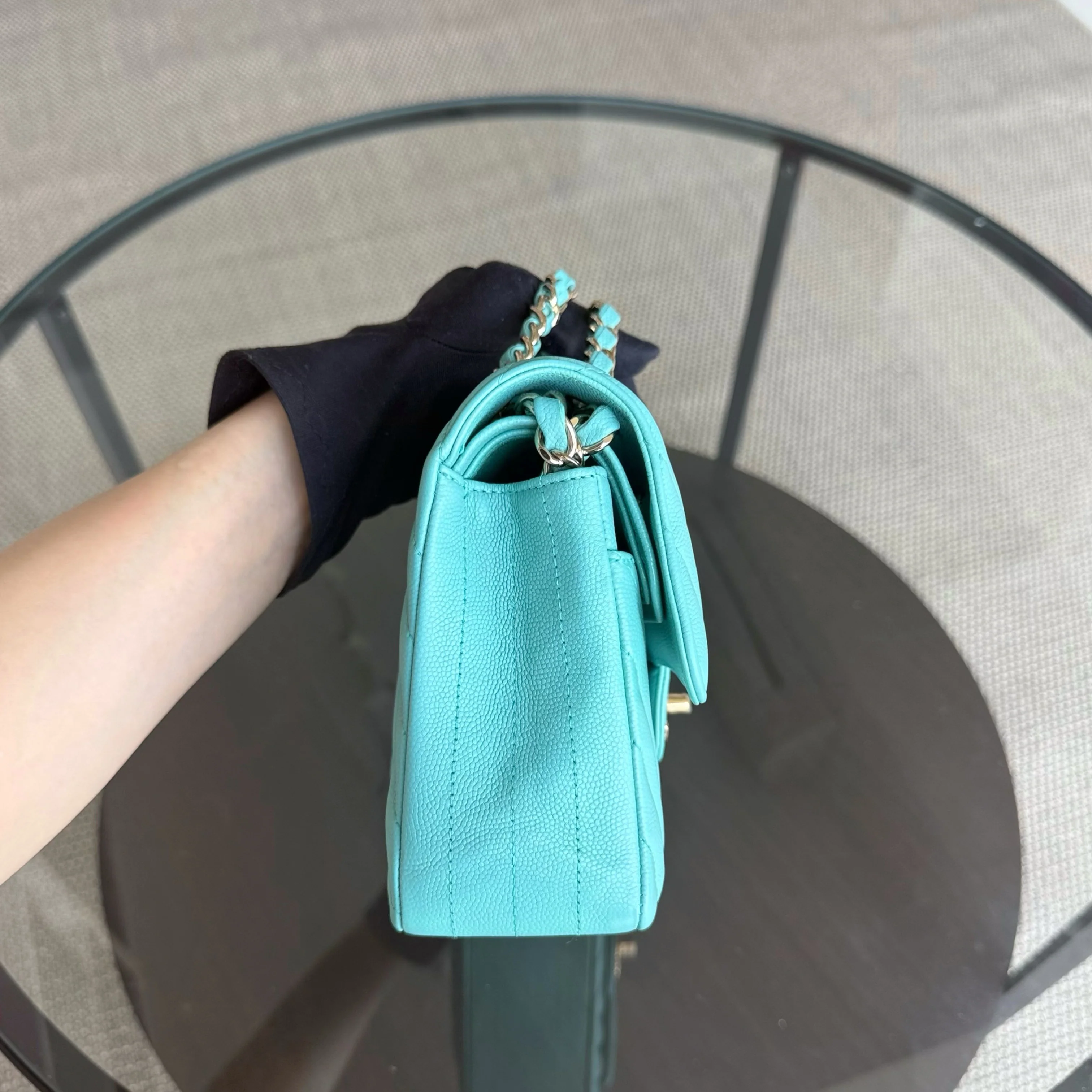 Chanel Classic Flap Small - Caviar 23CM Chevron Light Blue Tiffiny Blue Gold Hardware Series 27