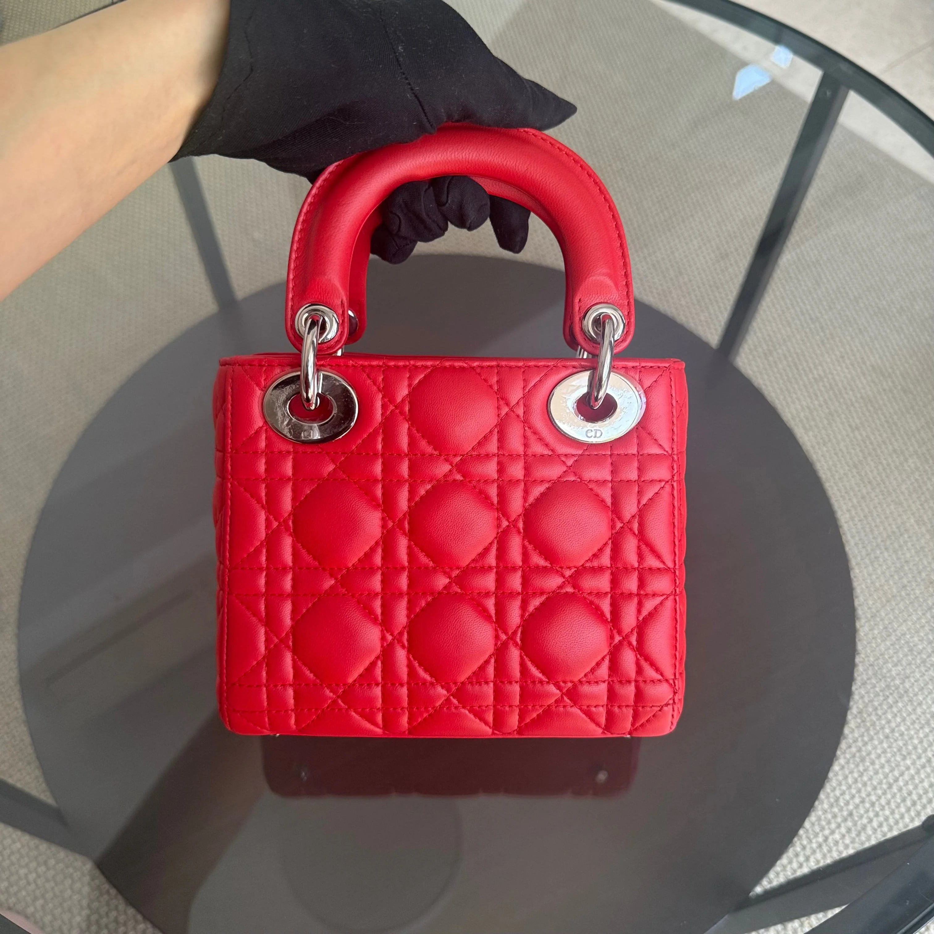 Dior Lady Mini - Cannage Lambskin Red Silver Hardware Adjustable Strap