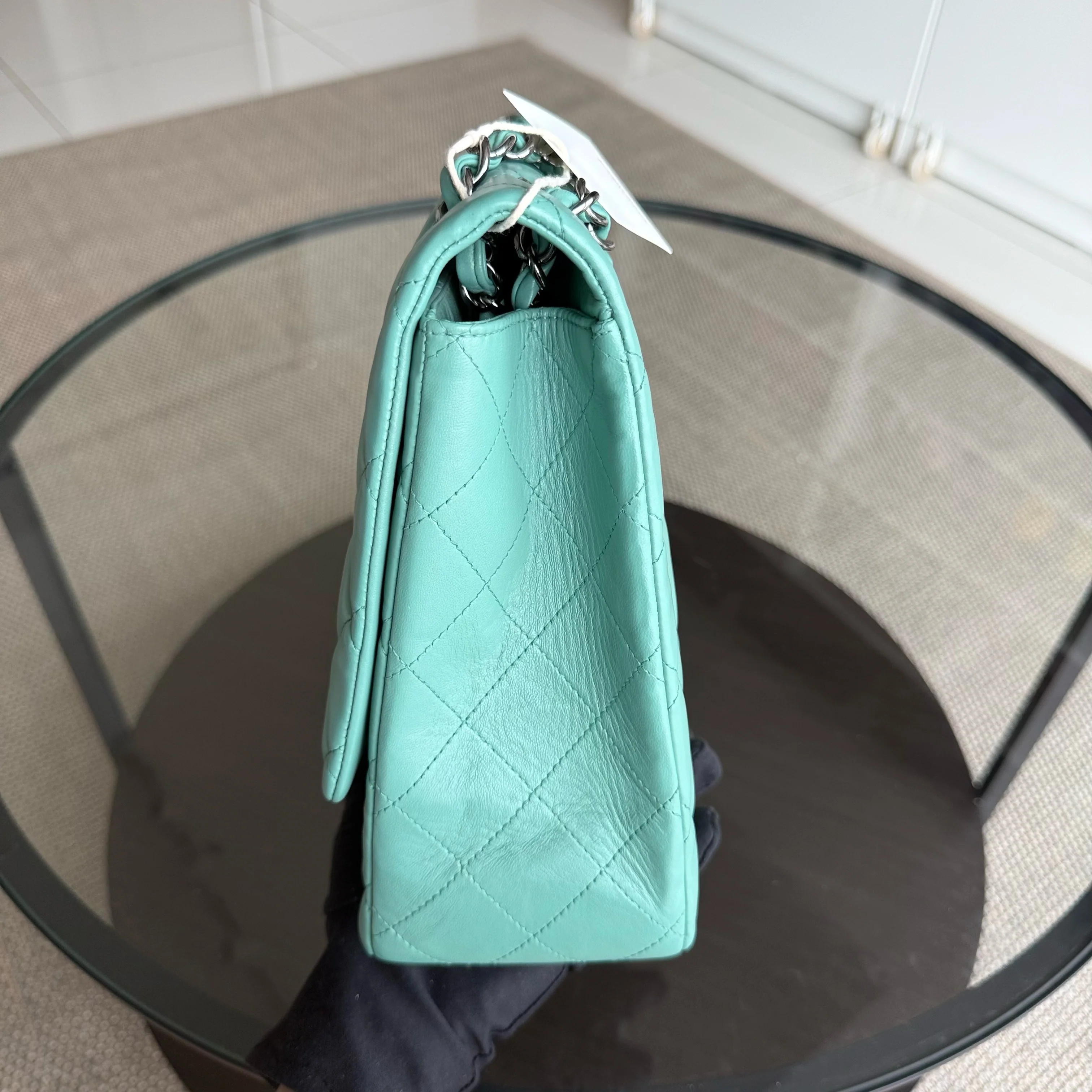 Chanel Classic Flap Maxi - 33CM Quilted Single Flap Lambskin Tiffiny Blue Silver Hardware Series 13