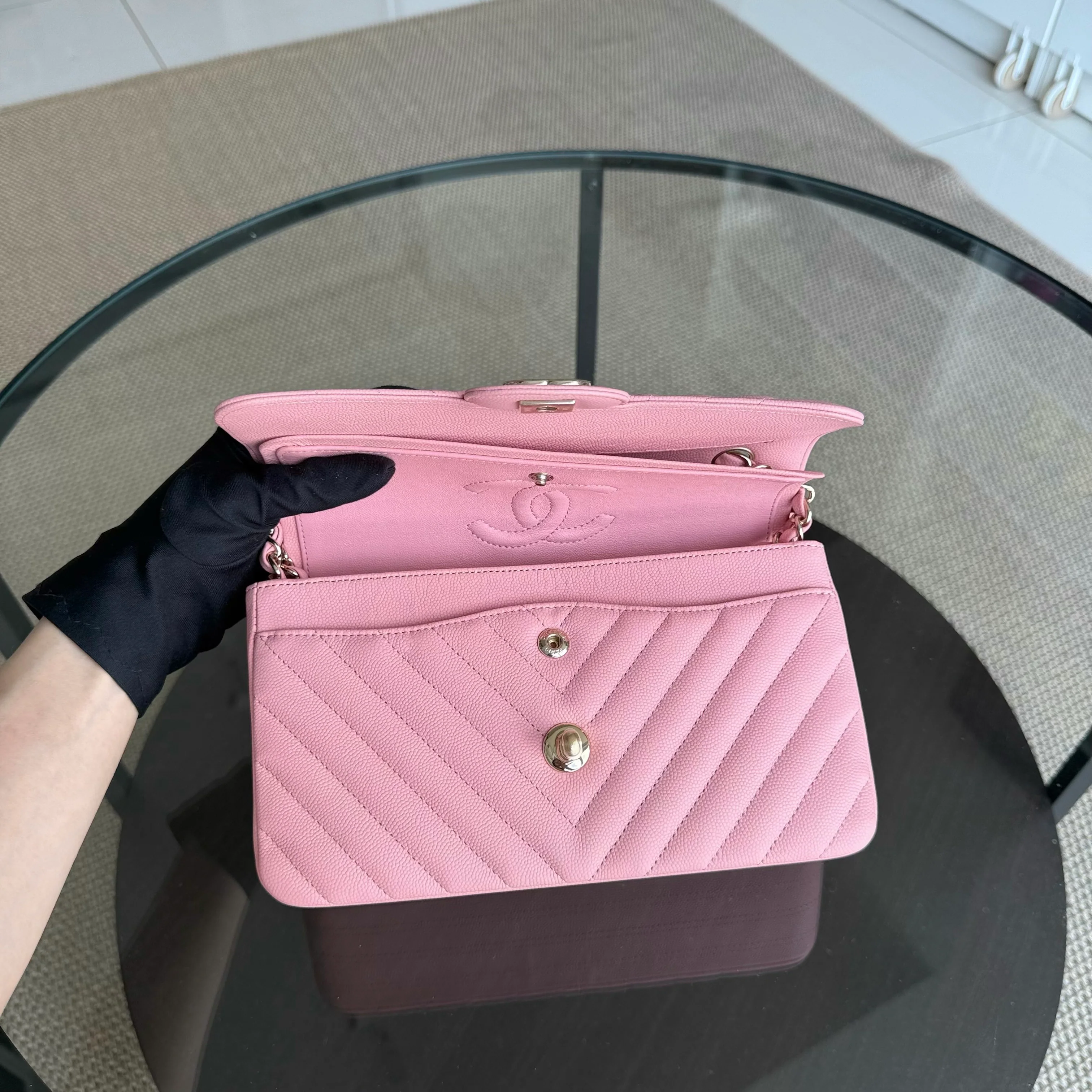Chanel Classic Flap Small - Caviar 23CM Chevron Light Pink Gold Hardware Series 28