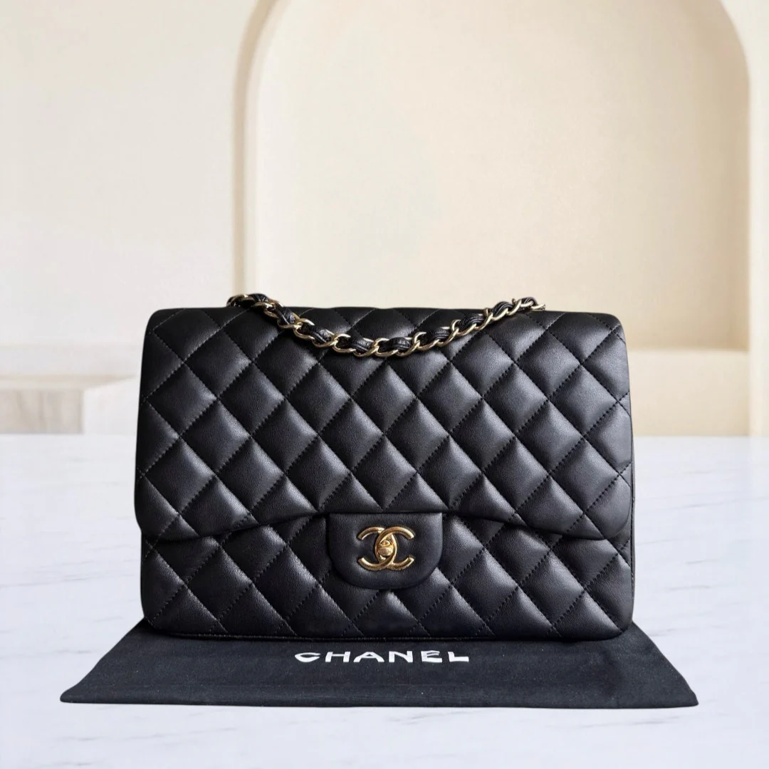 Chanel Classic Flap Jumbo - 30CM Single Flap Quilted Lambskin Black Gold Hardware Series 13