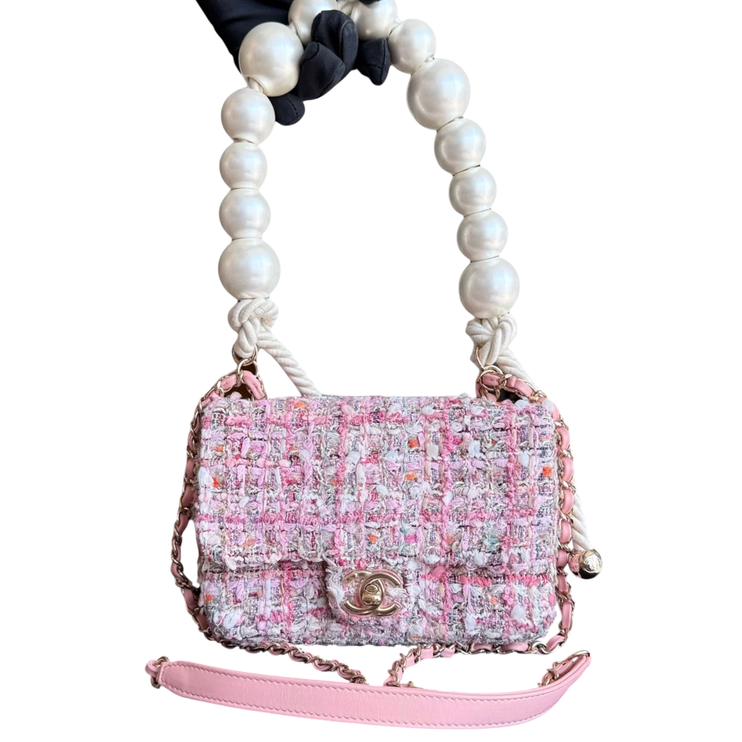 Chanel Classic Flap Mini Square Pearl Tweed - 20CM Pink Gold Hardware Series 27