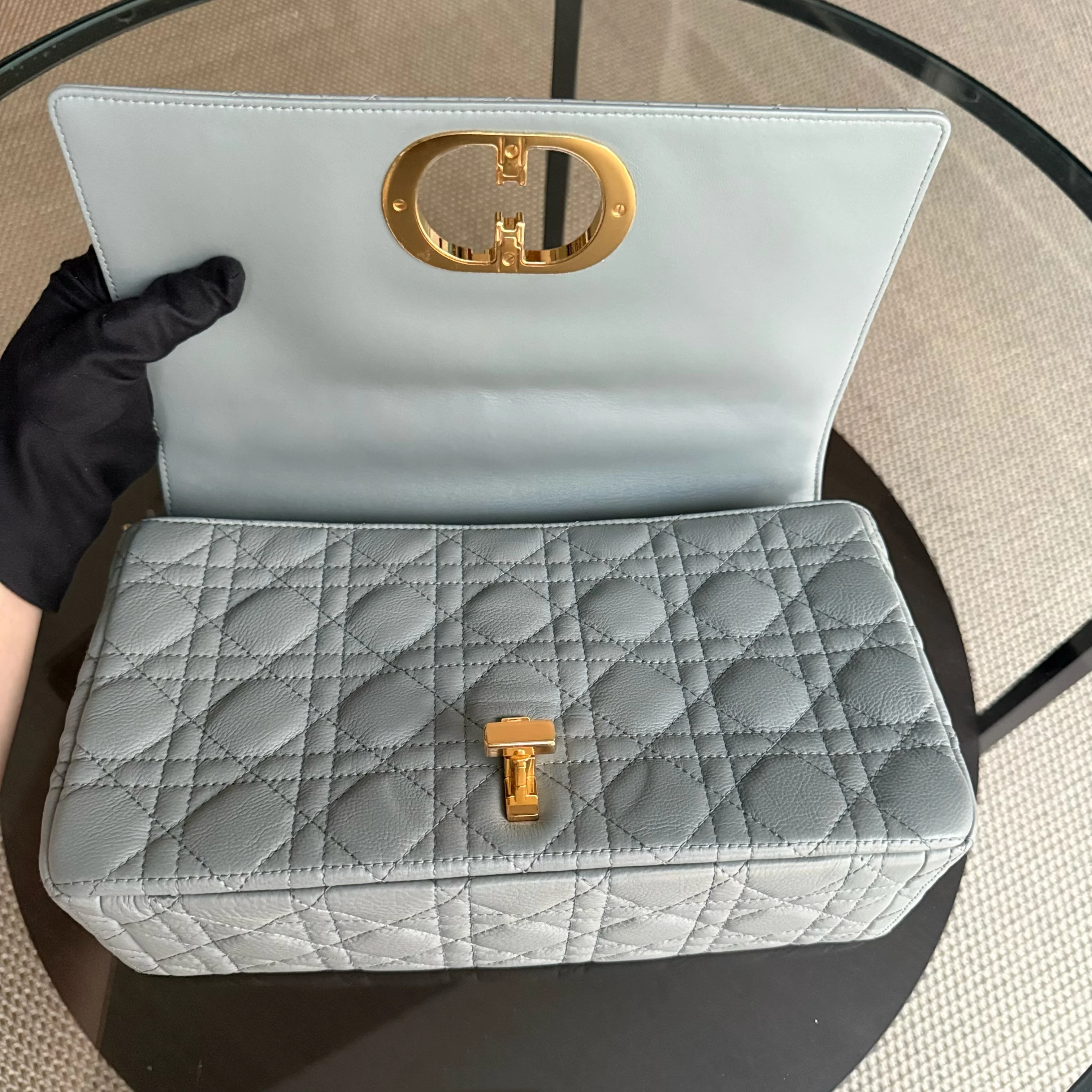 Dior Caro Large - Cannage Calfskin Grey Gray Gold Hardware