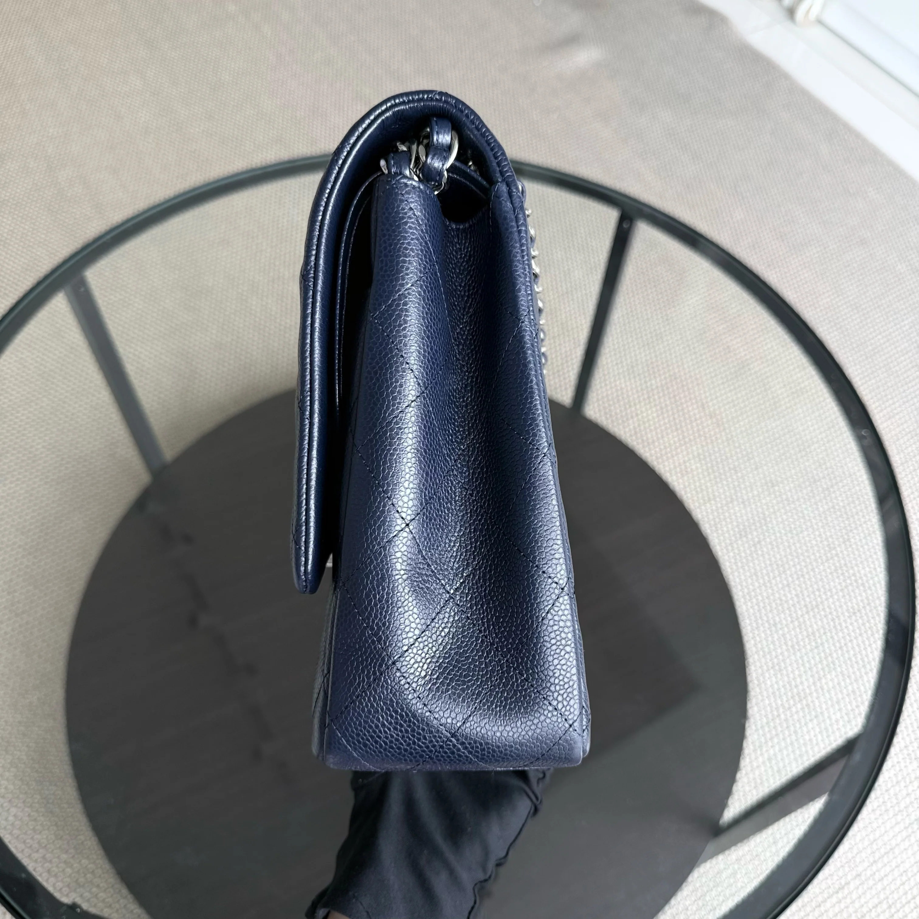 Chanel Classic Flap Maxi - Caviar Double Flap 33CM Quilted Grained Calfskin Dark Blue Silver Hardware Series 18