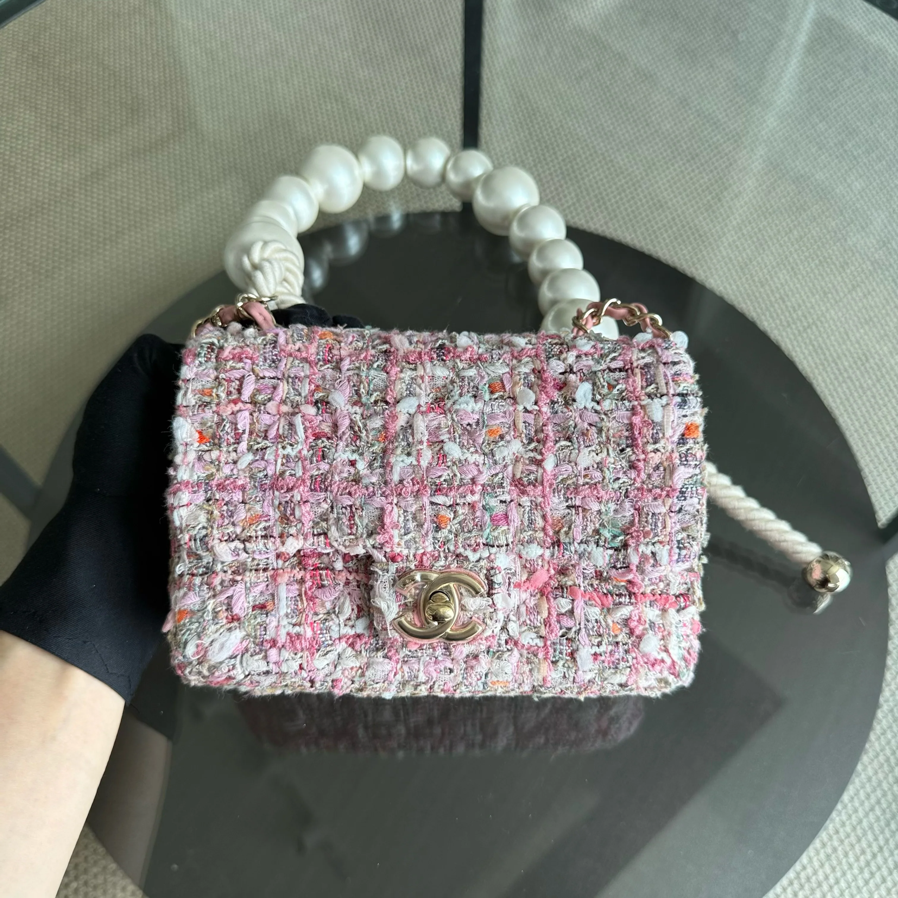 Chanel Classic Flap Mini Square Pearl Tweed - 20CM Pink Gold Hardware Series 27