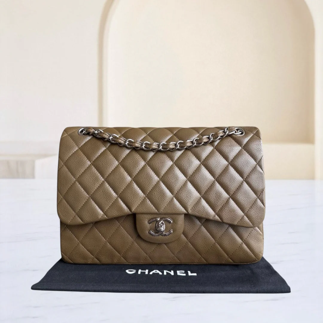 Chanel Classic Flap Jumbo - Caviar Quilted Double Flap Olive Green Silver Hardware Series 16