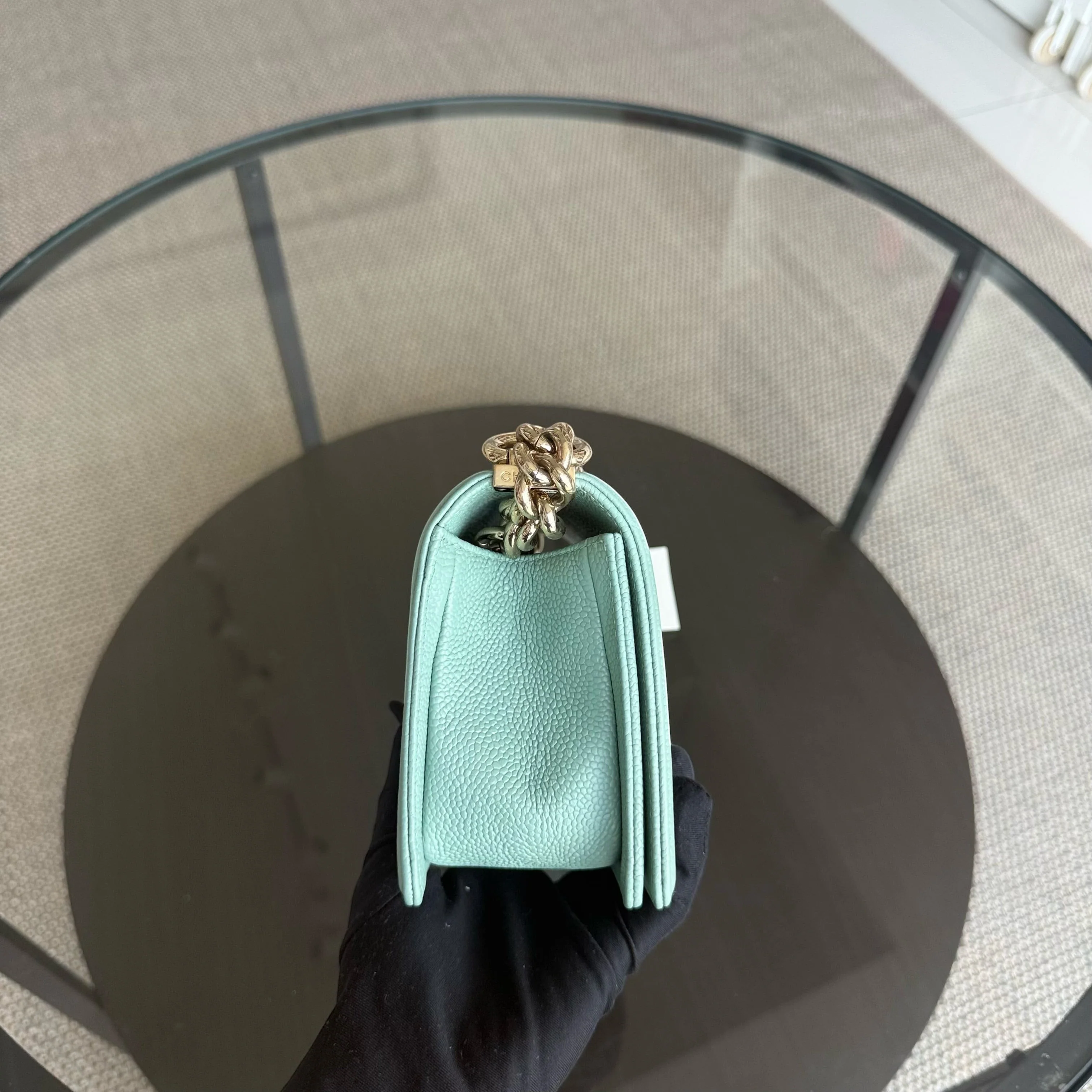 Chanel Boy Small - Caviar 20CM Quilted Tiffany Blue Gold Hardware Series 28