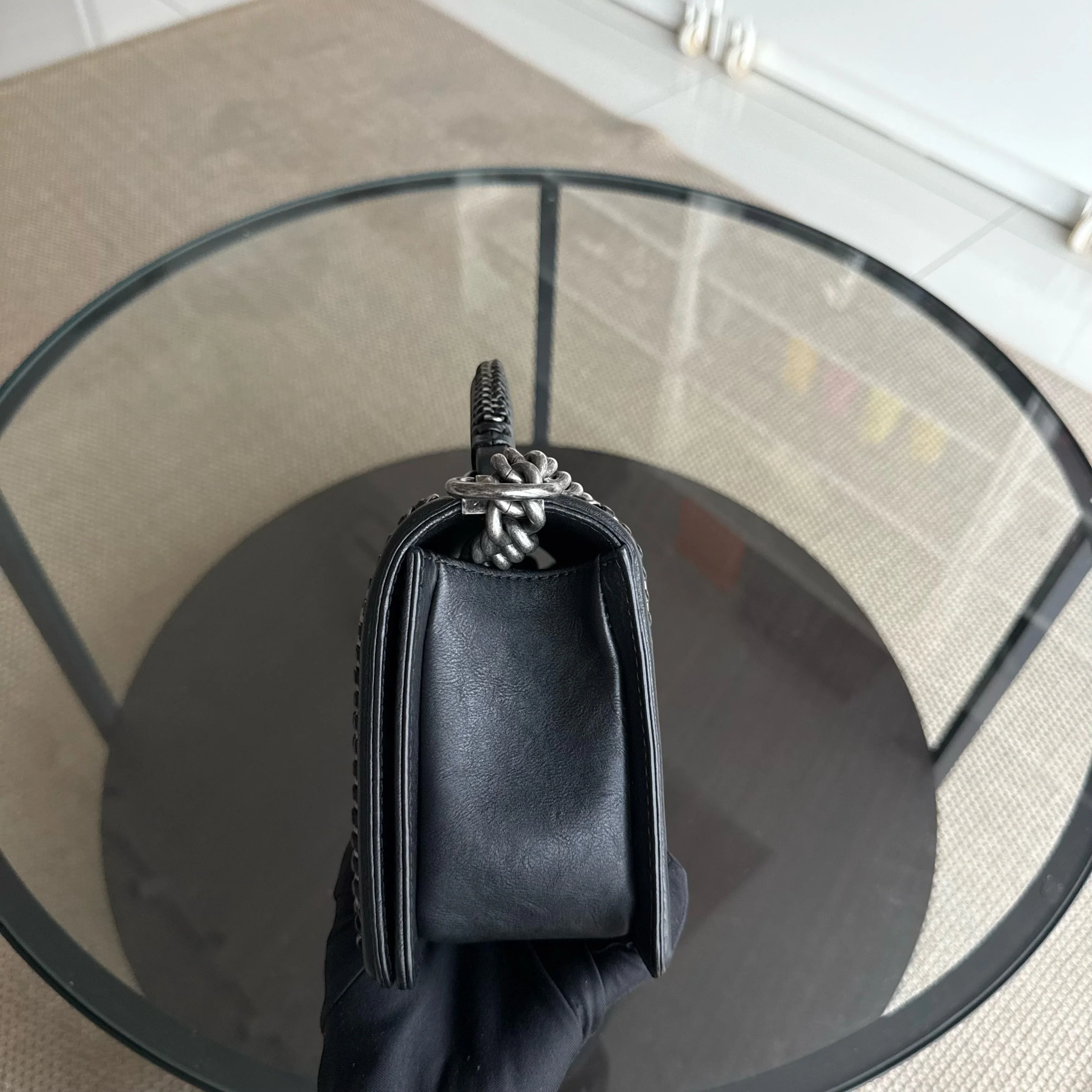 Chanel Boy Handle Old Medium 25CM Black Quilted Caviar With Handle Chain Around Ruthenium Silver Hardware Series 23