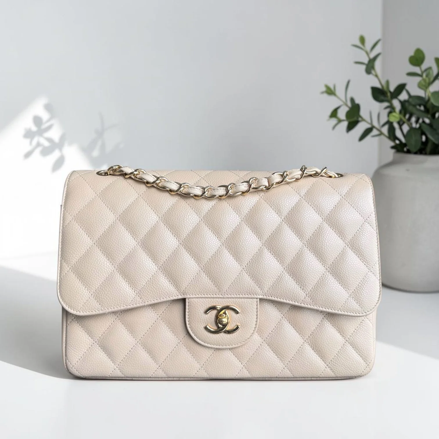 Chanel Classic Flap Jumbo - Caviar Quilted Double Flap Light Beige Gold Hardware
