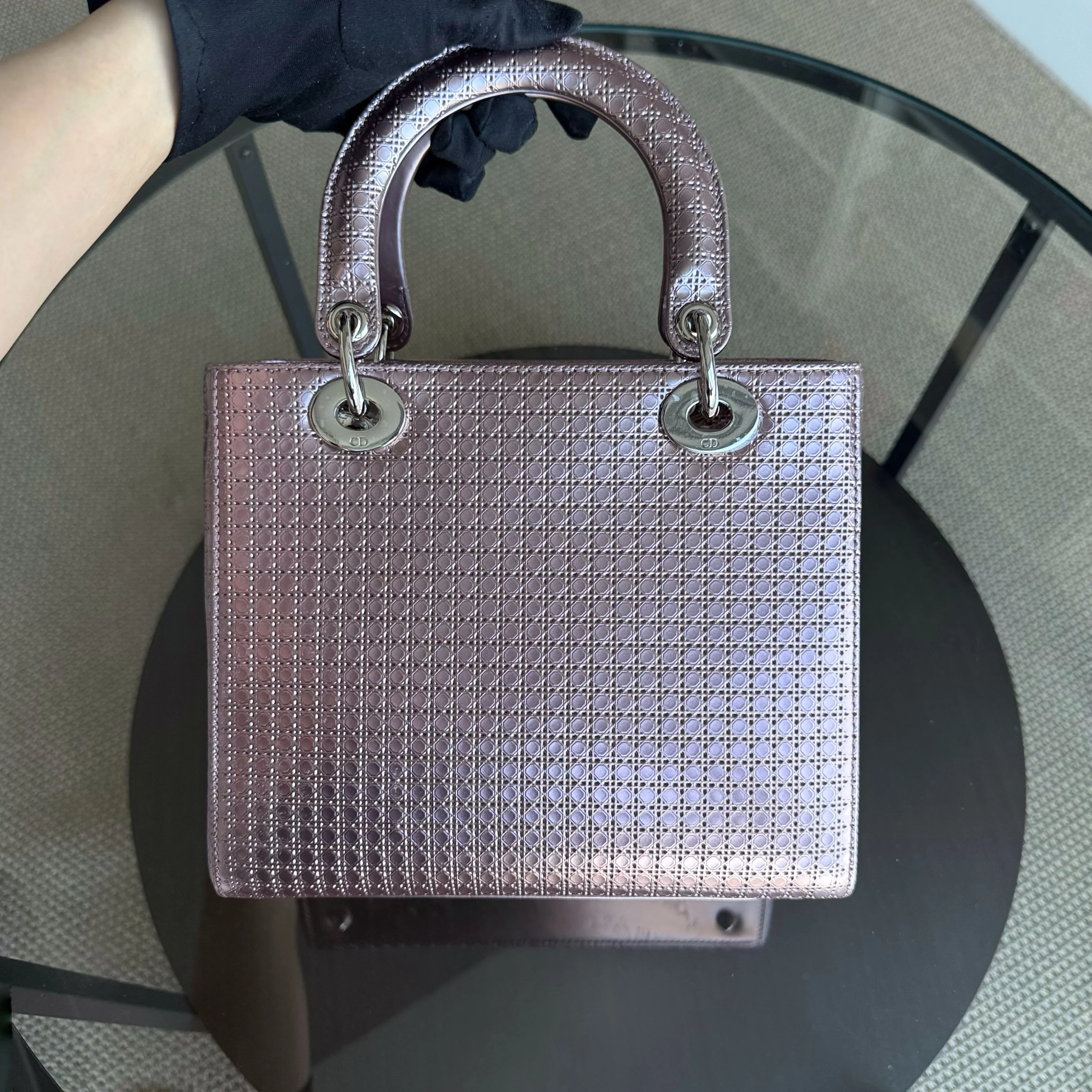 Dior Lady Medium - Micro-Cannage Metallic Pink Silver Hardware